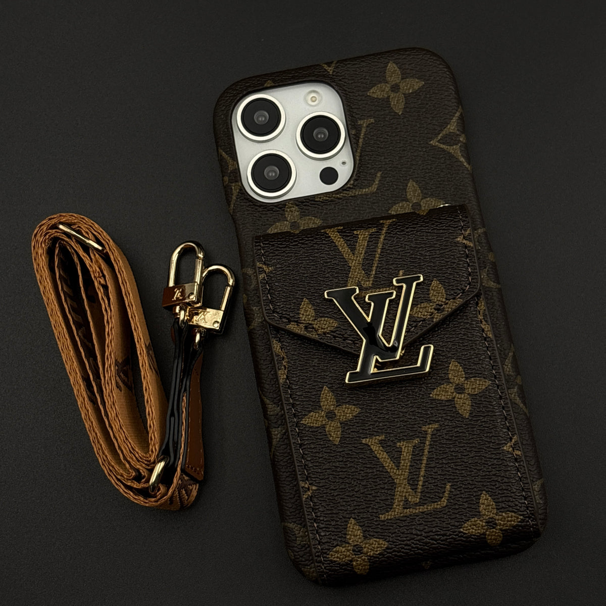 Luxury Fashion Brand Monogram Cardholder Sling Case for iPhone 16 Pro Max