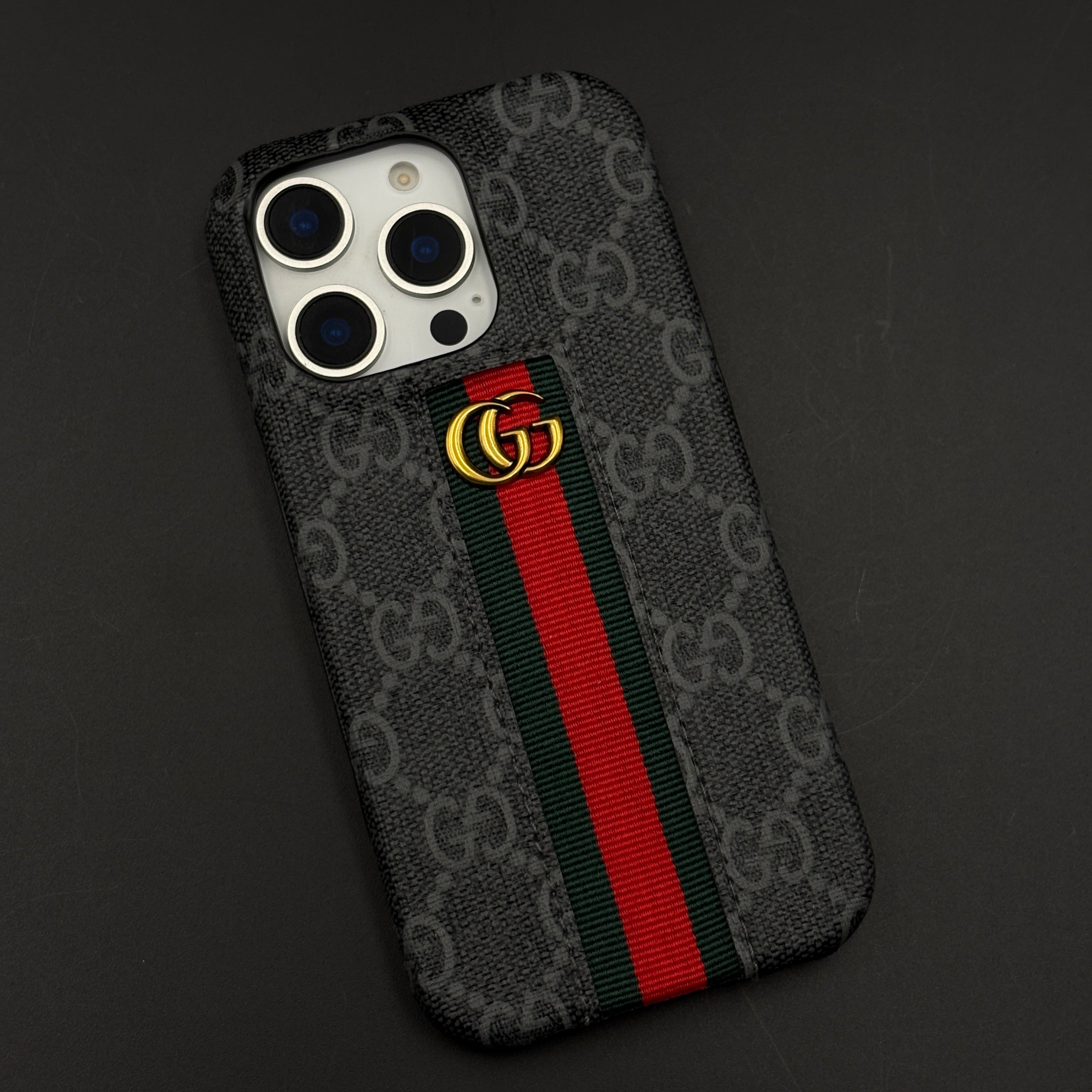 GG Embossed Stripe Black Case for iPhone | Classic Monogram Premium Designer Cover