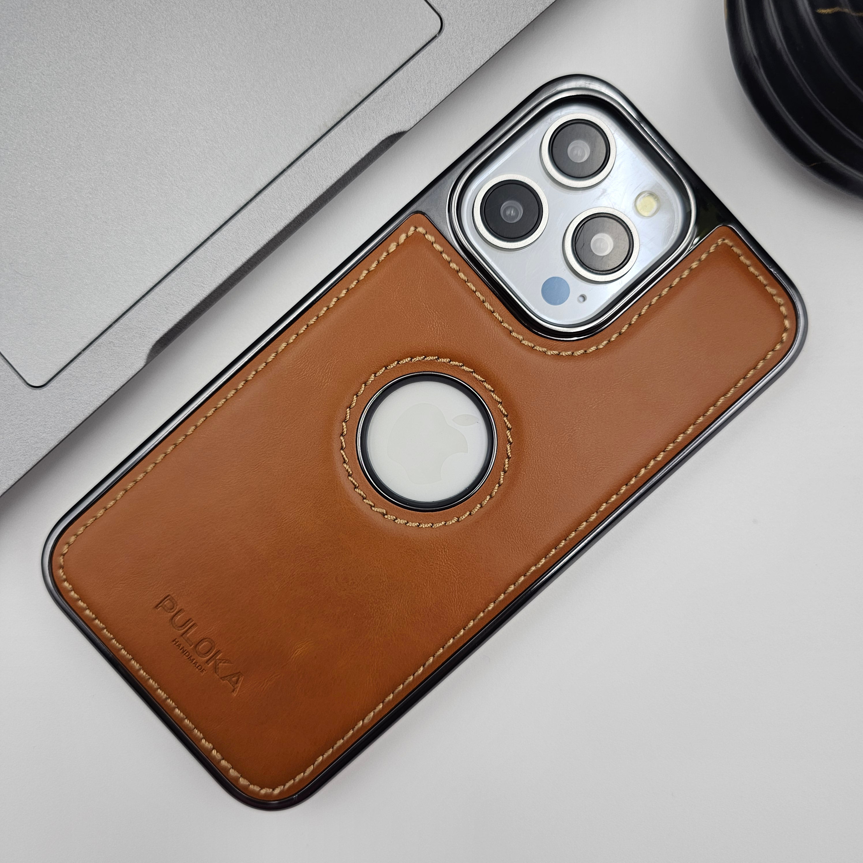 iPhone 13 Pro Stitched Leather Logo Cut Chrome Case