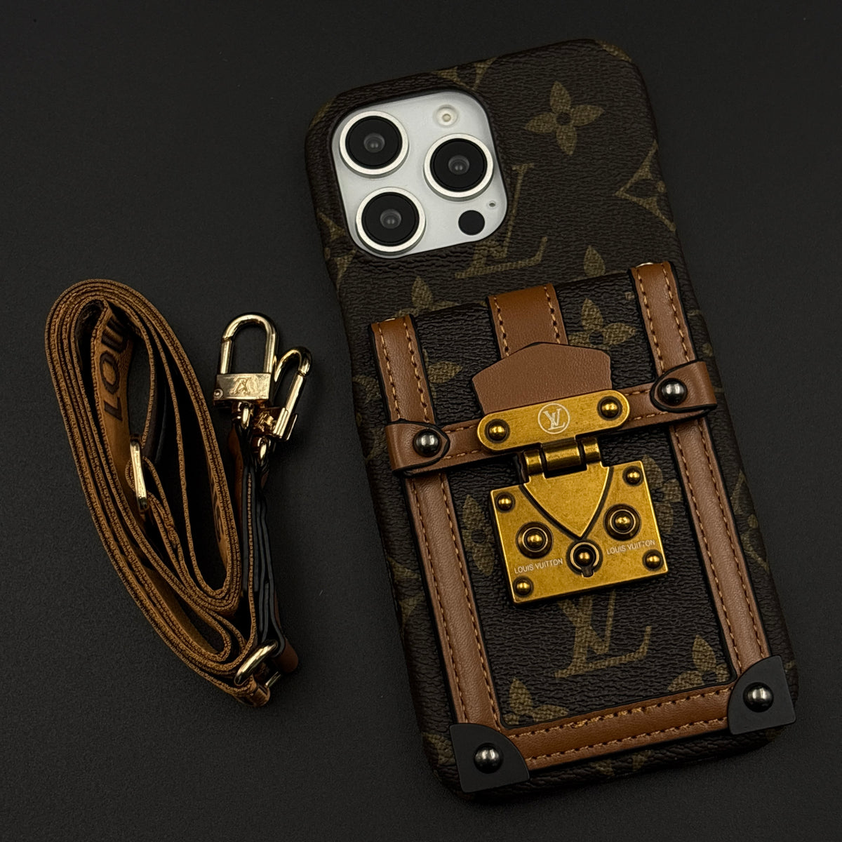 Luxury Fashion Brand Monogram Cardholder Crossbody Case for iPhone 16 Series with Gold Lock Detail