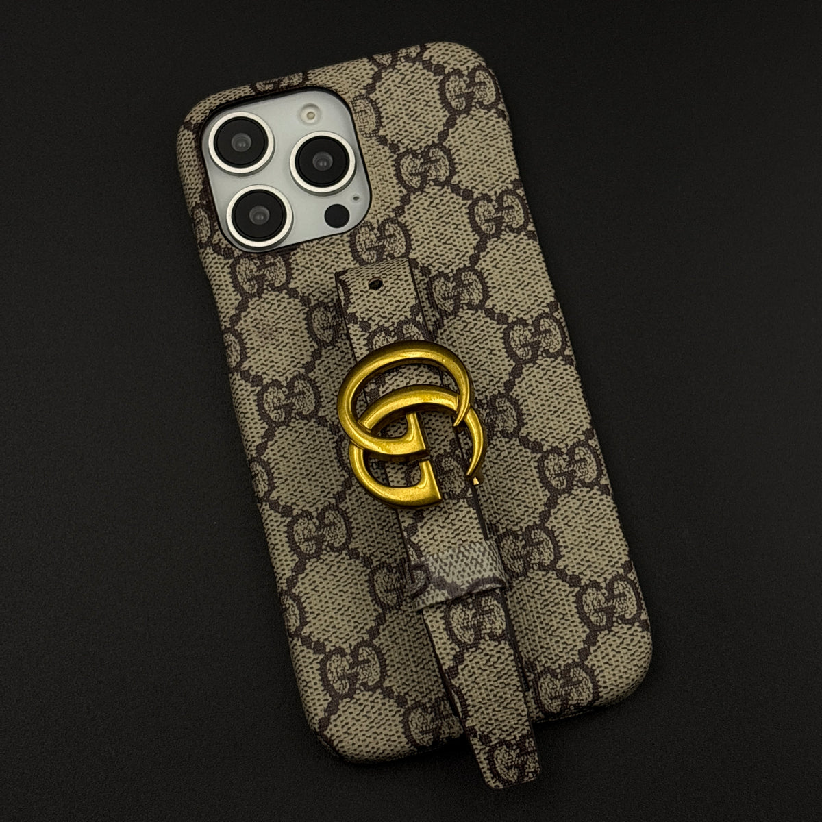 Luxury Brand GG Monogram Belt Strap Case with Gold Metal Emblem for iPhone 16 Series