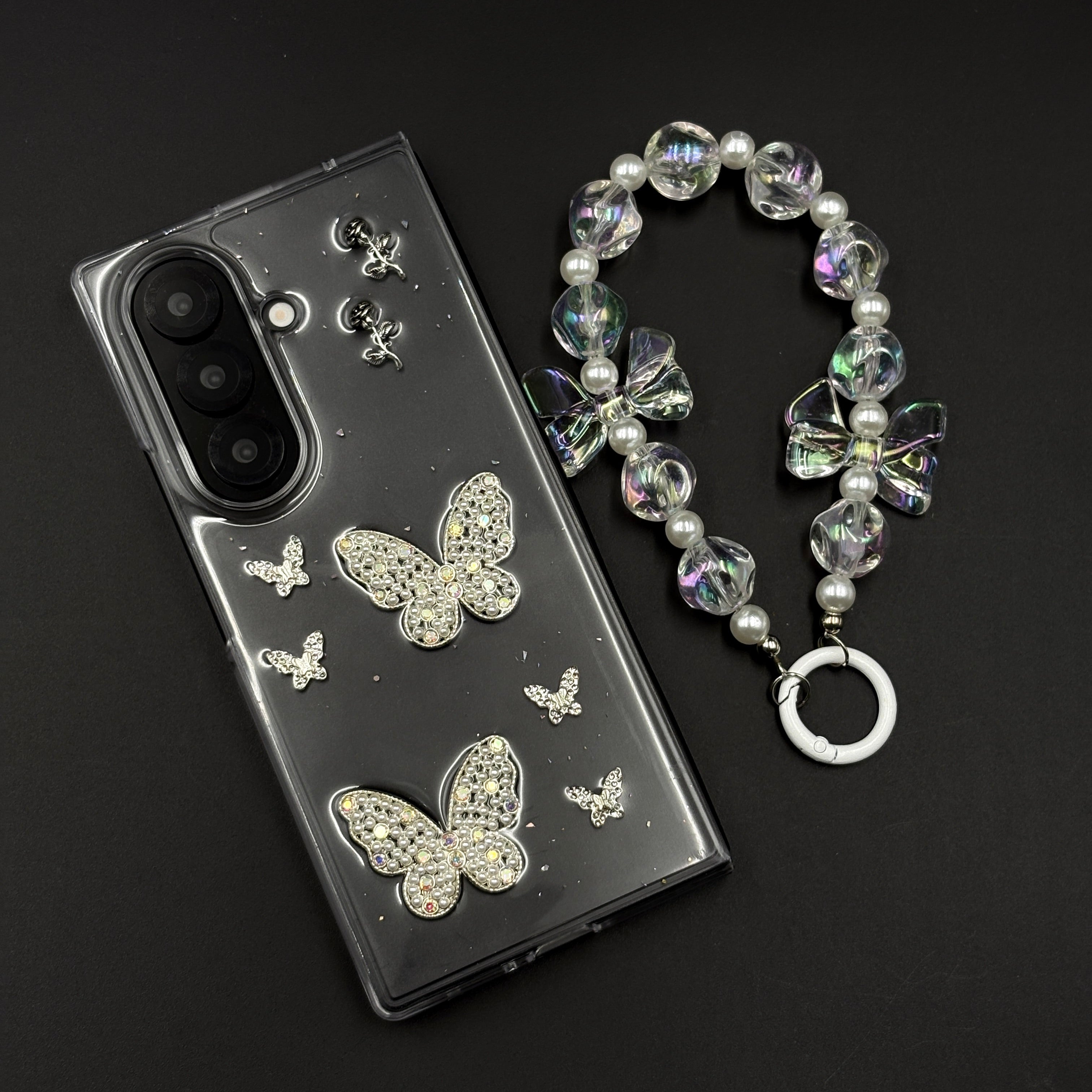 Butterfly Case with Rhinestone Crystals & Beaded Charm Strap for Samsung Galaxy Z Fold 7 | Luxury Transparent Cover