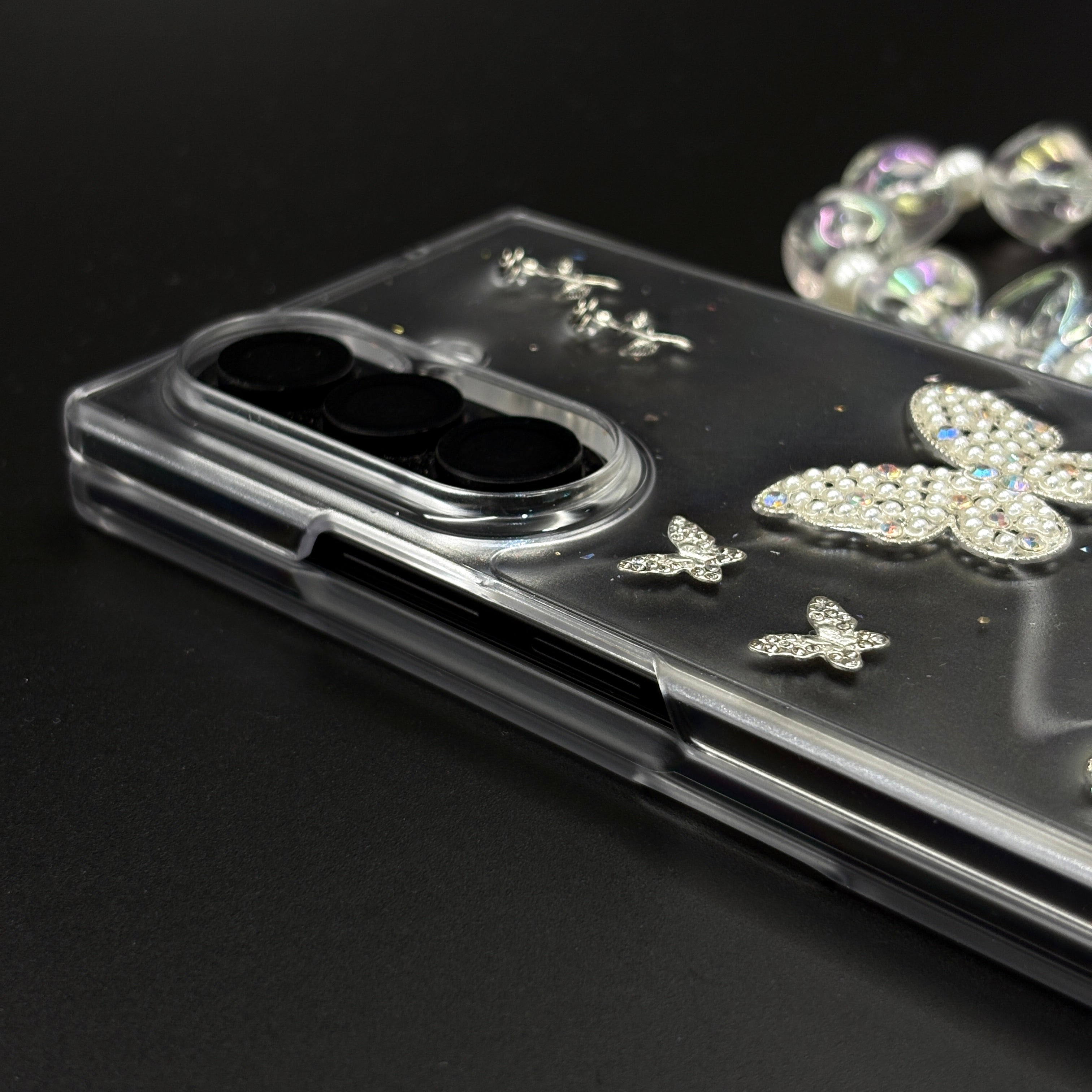 Butterfly Case with Rhinestone Crystals & Beaded Charm Strap for Samsung Galaxy Z Fold 7 | Luxury Transparent Cover