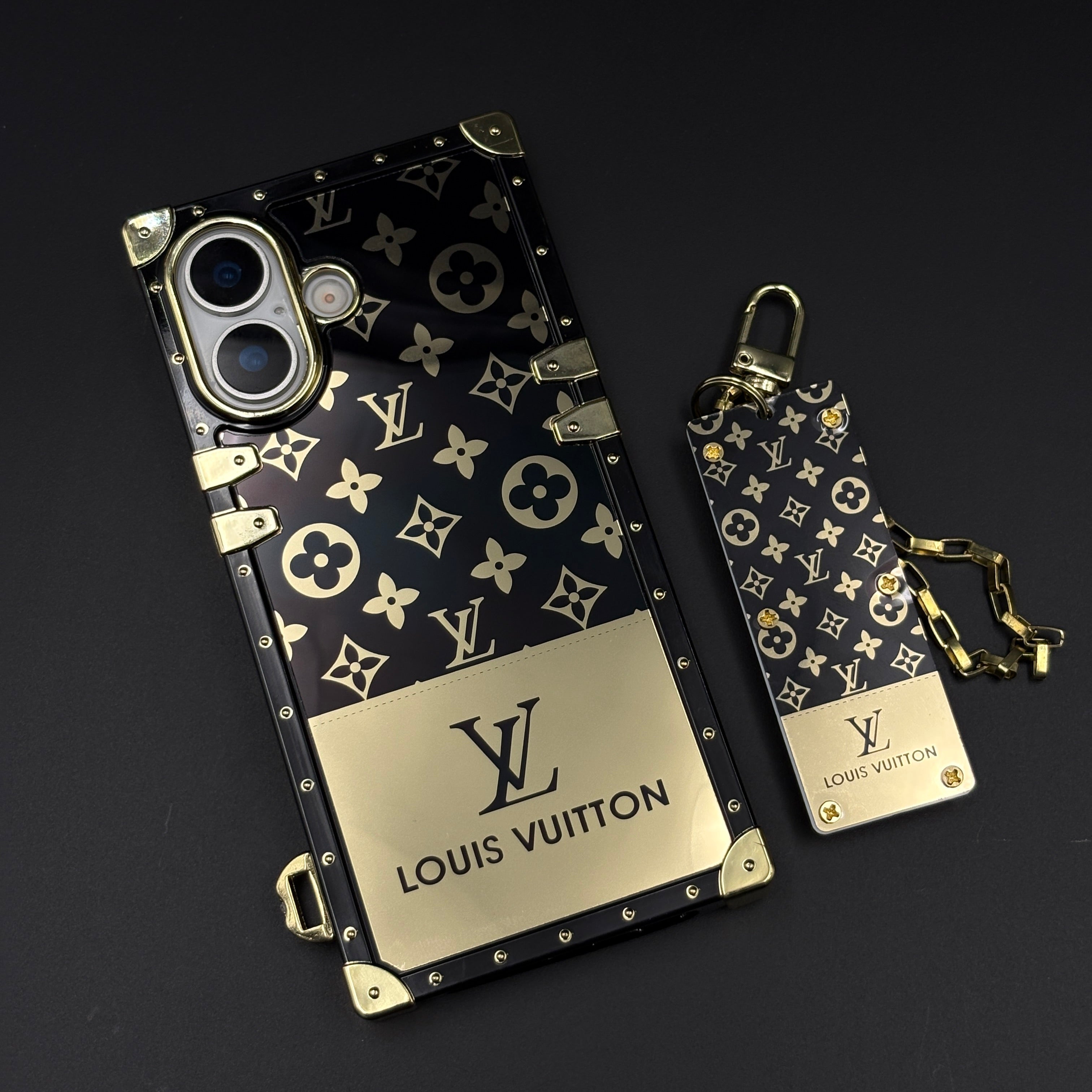 Luxury Trunk Phone Case Cover with Chain for iPhone 17 | Designer Metal Frame | Gold Monogram