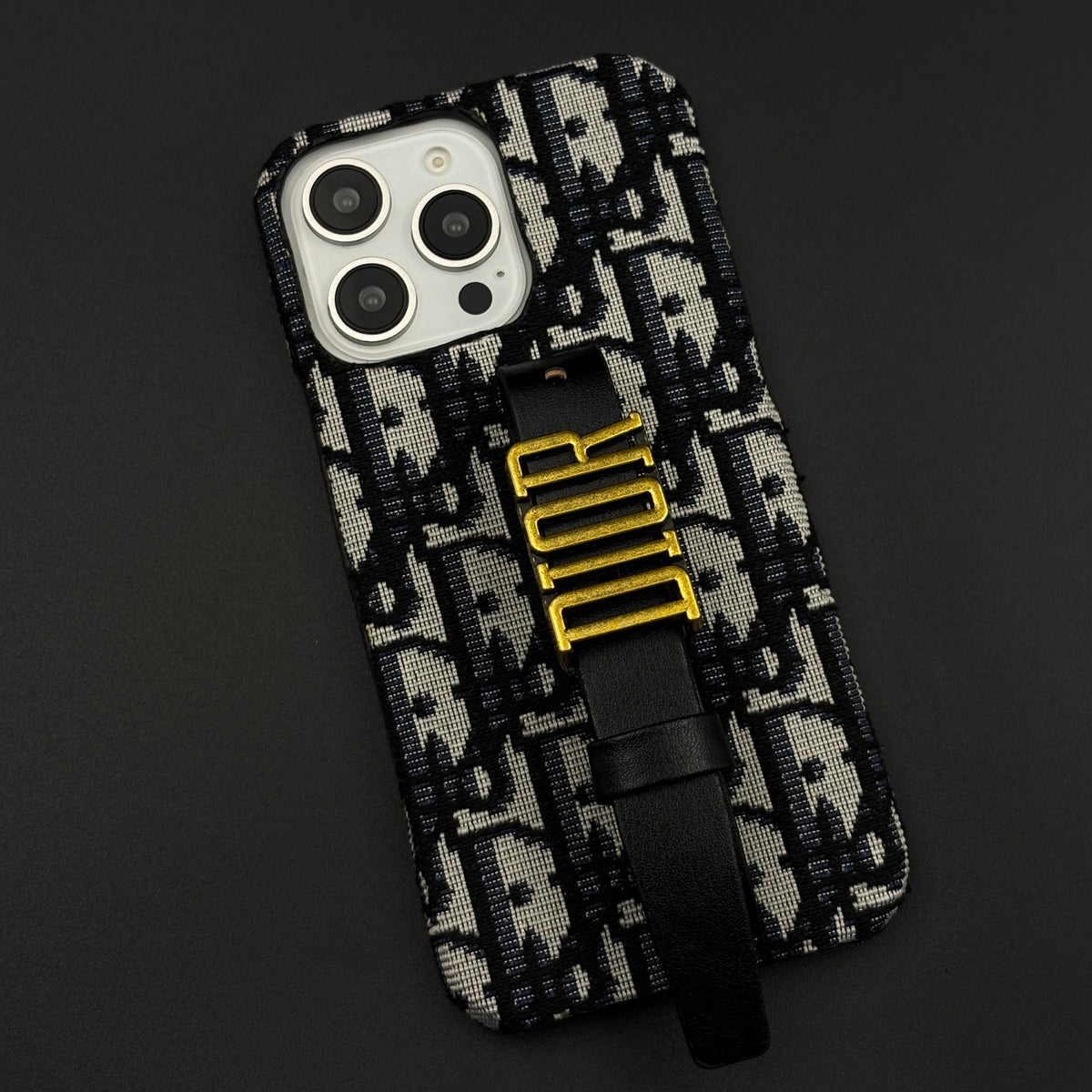 Luxury Fashion Brand Embroidered CD Belt Strap Case for iPhone 16 Series with Gold Metal Emblem