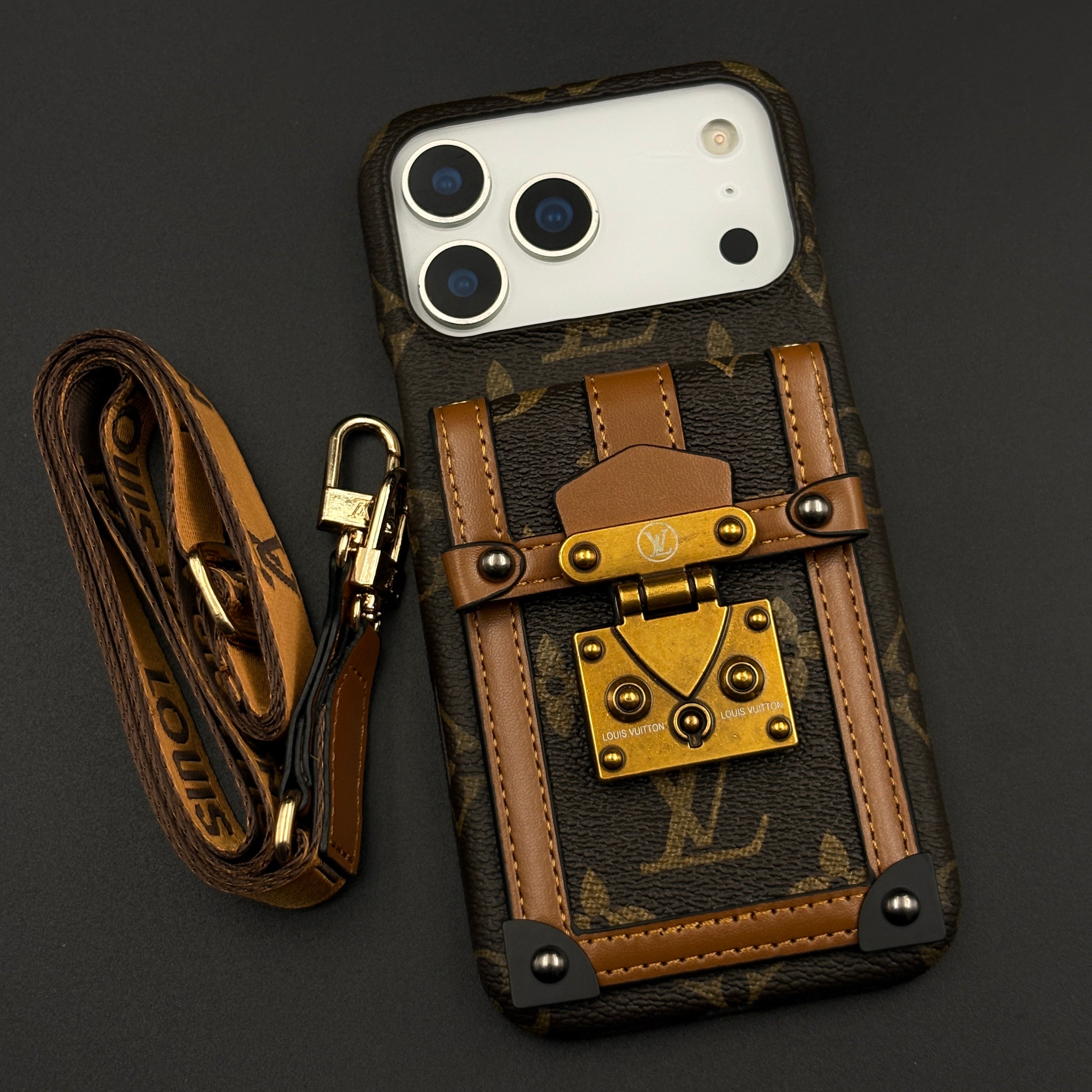 Luxury Fashion Brand Monogram Cardholder Crossbody Case for iPhone 17 Series with Gold Lock Detail