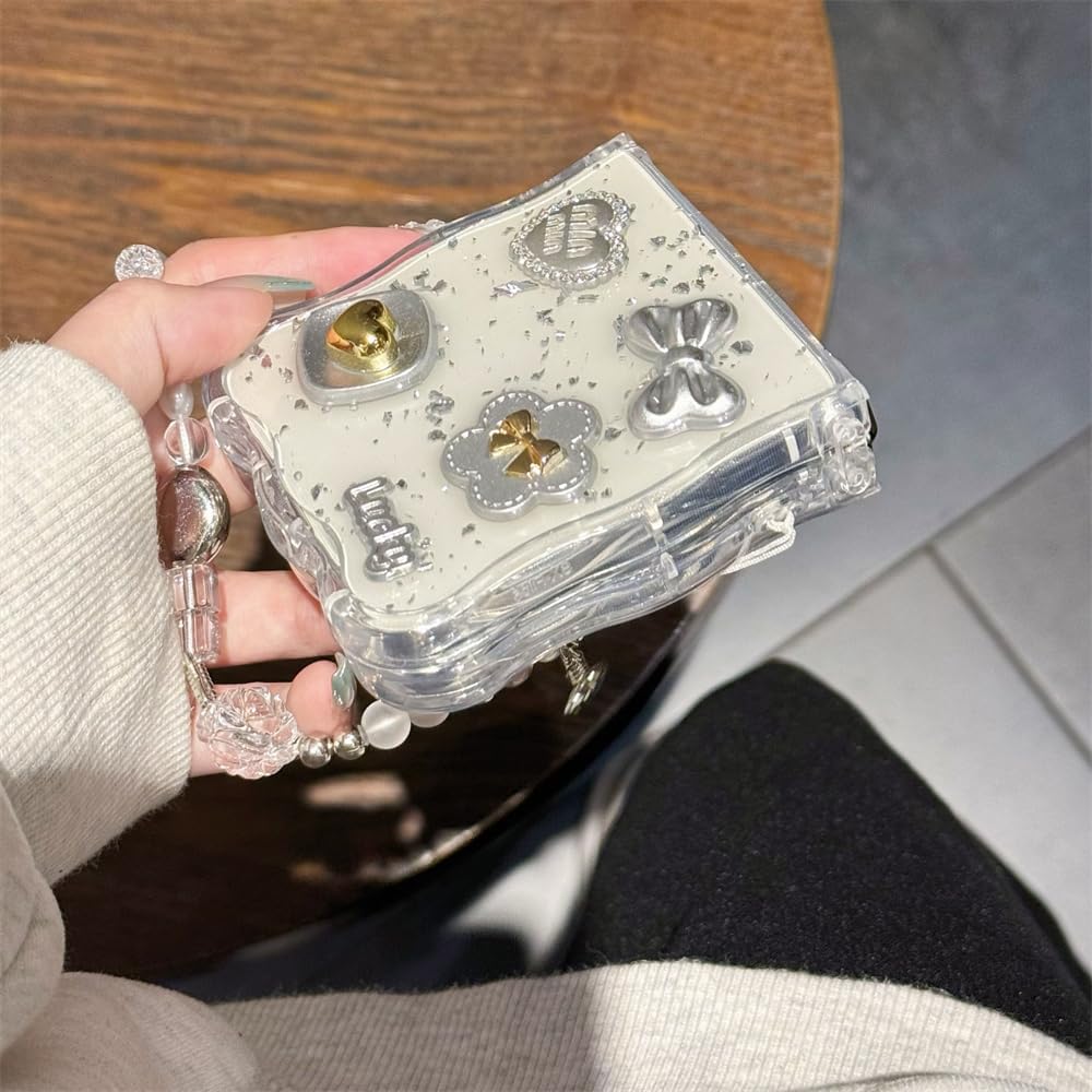 Samsung Galaxy Z Flip 6 Glitter Teddy Case with Pearl Strap & Charms | Transparent Cute Designer Cover