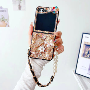 Samsung Galaxy Z Flip 5 Bling Glitter Diamond Flower Case With Pearl Chain Stap