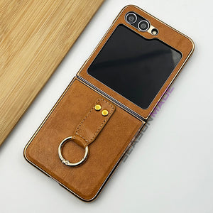 Samsung Z Flip 5 PU Leather Chrome Plated Ring Case Cover Inside Velvet