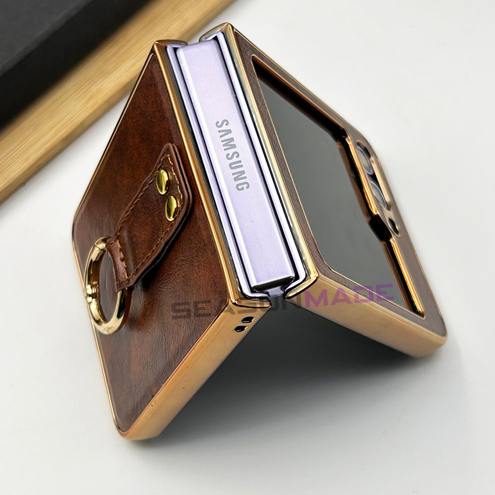 Samsung Z Flip 5 PU Leather Chrome Plated Ring Case Cover Inside Velvet