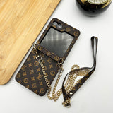 Samsung Galaxy Z Flip 5 Luxury Brand PU Leather Case Cover With Chain Sling Strap