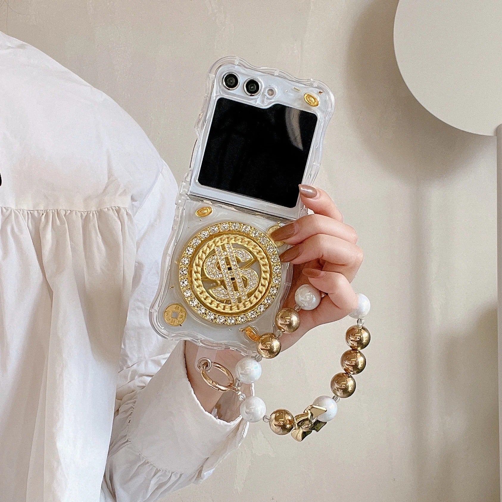 Luxury Rotating Dollar Case for Samsung Galaxy Z Flip 6 | Gold Bling Coin Design with Beaded Wrist Strap