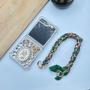 Samsung Galaxy Z Flip 5 Queen White Pearl Diamond Bling Glitter Stylish Chain Case