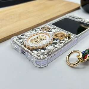 Samsung Galaxy Z Flip 5 Queen White Pearl Diamond Bling Glitter Stylish Chain Case