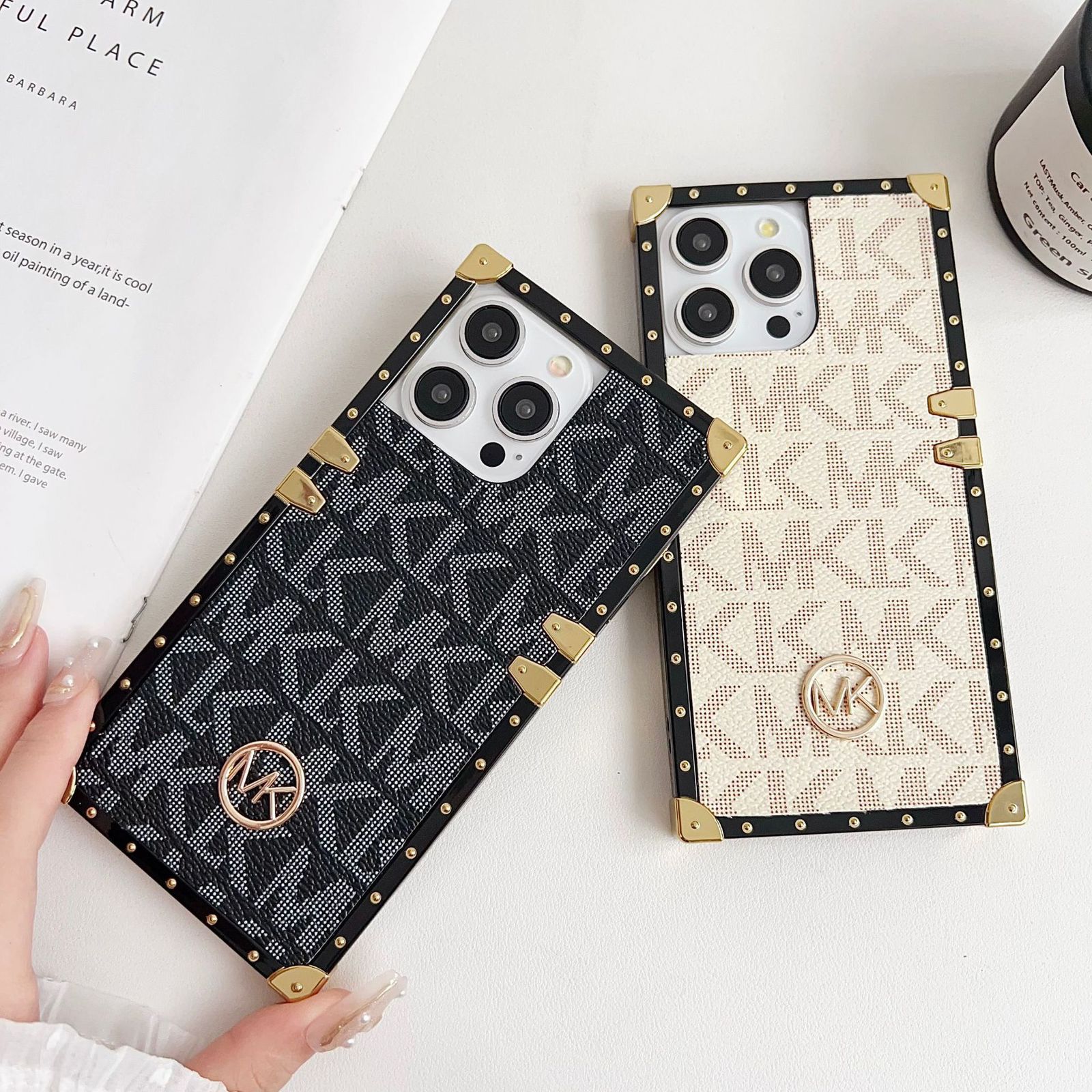 iPhone Luxury Branded MK Letter Square Shaped Trunk Leather Case
