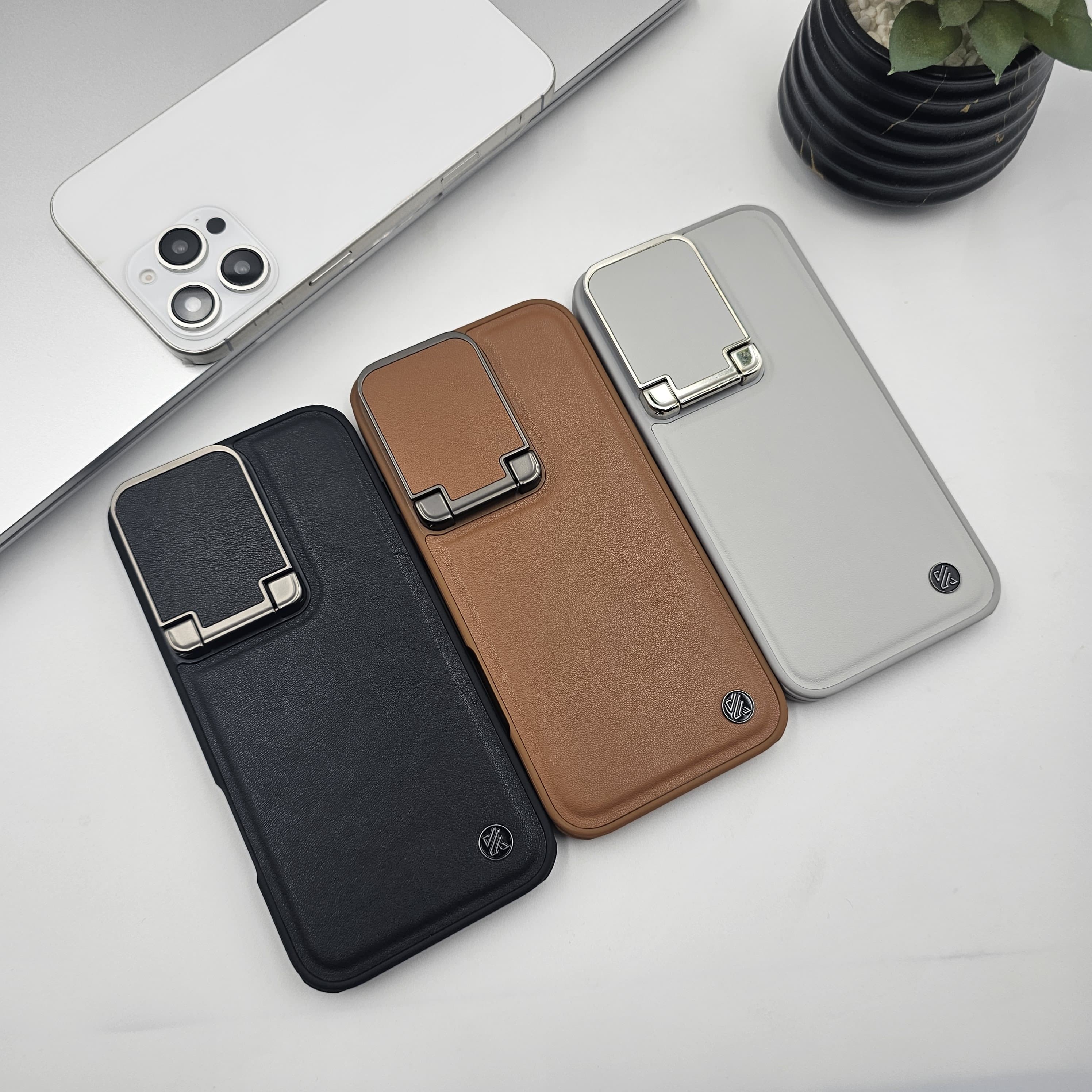 iPhone Leather Foldable Metal Stand Camera Protection Case Inside Micro-Fibre