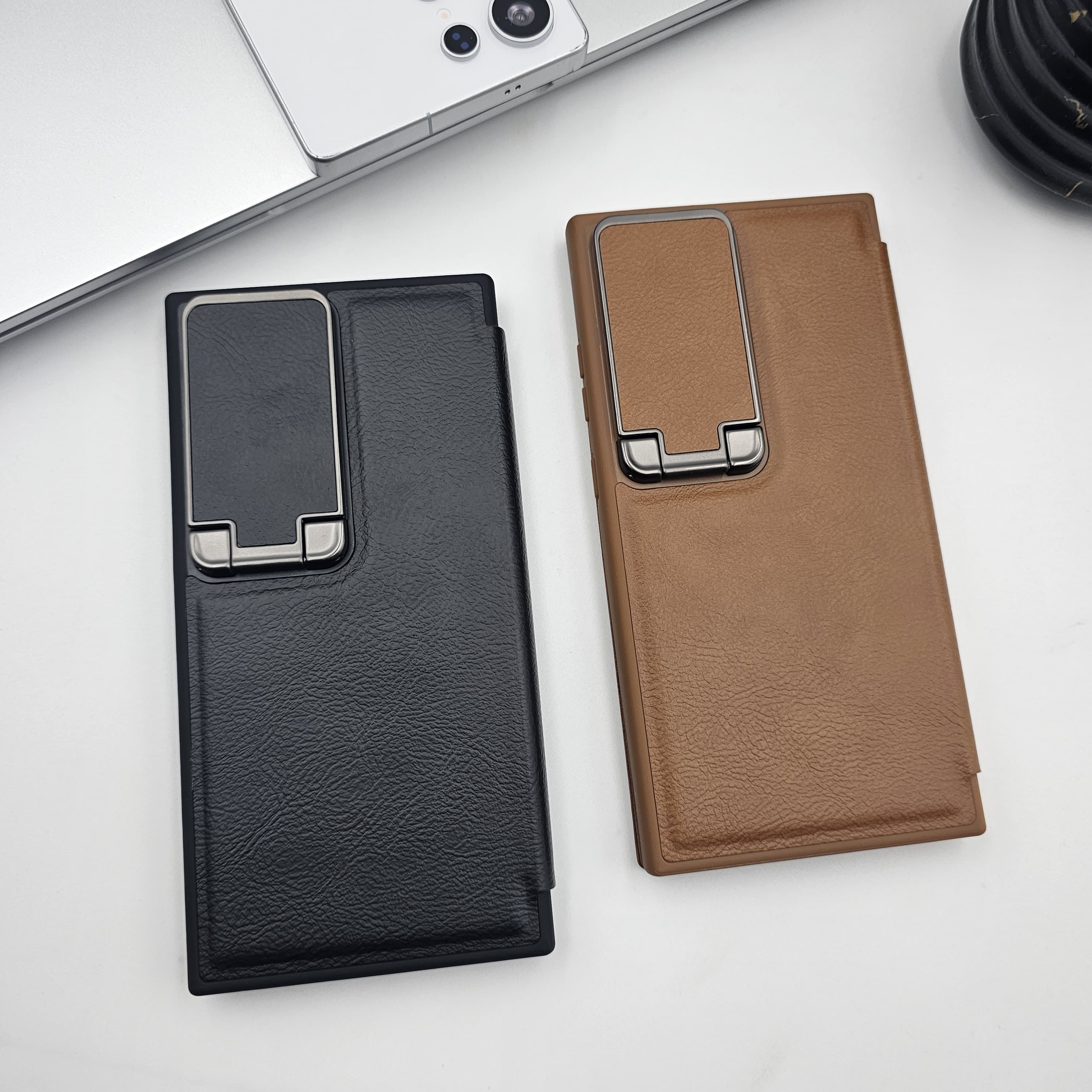 Samsung Galaxy S23 Ultra Flip Card Holder Leather Foldable Metal Stand Case