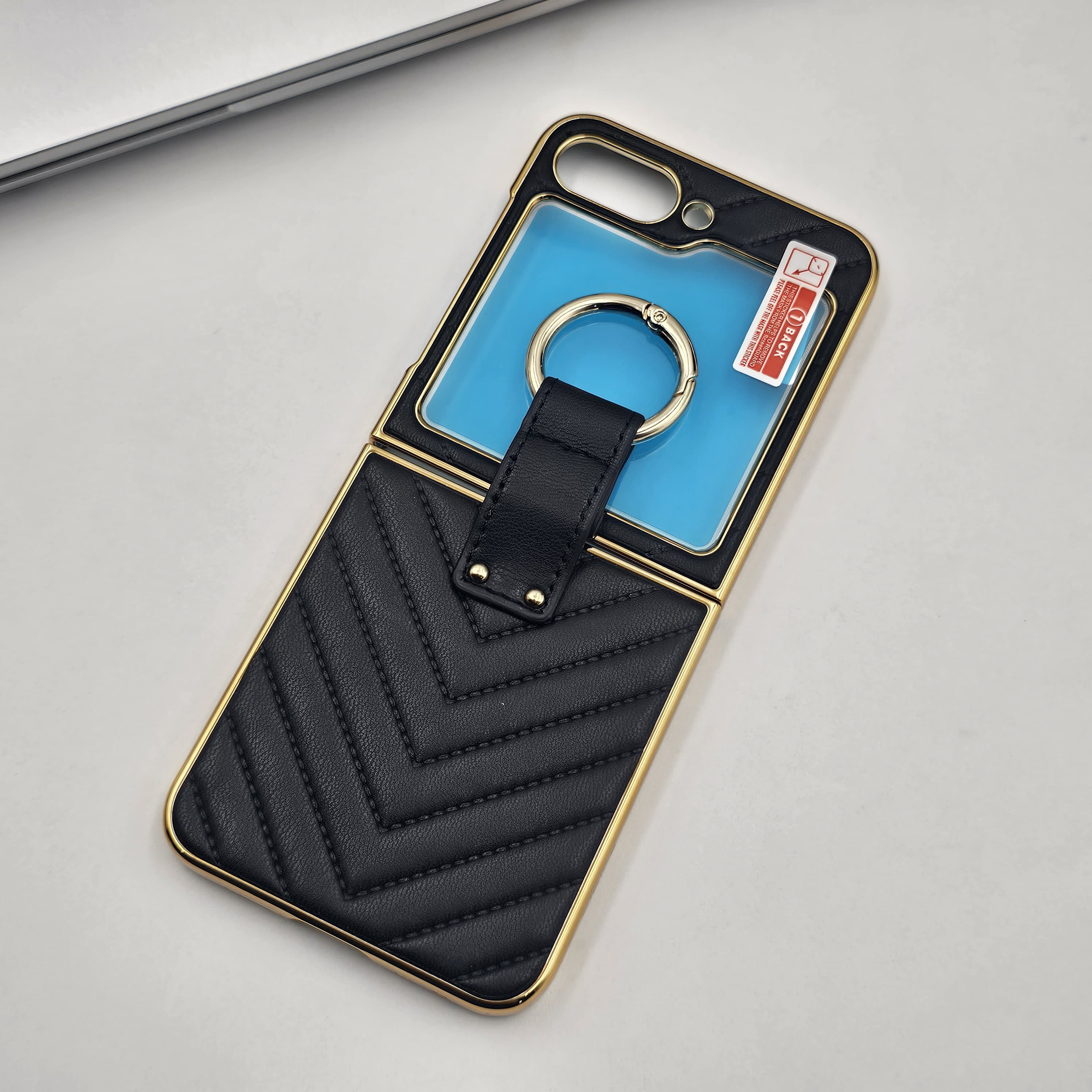 Luxury Puffer Leather Case with Ring Holder for Samsung Galaxy Z Flip 6 | Side Gold Plated Cover