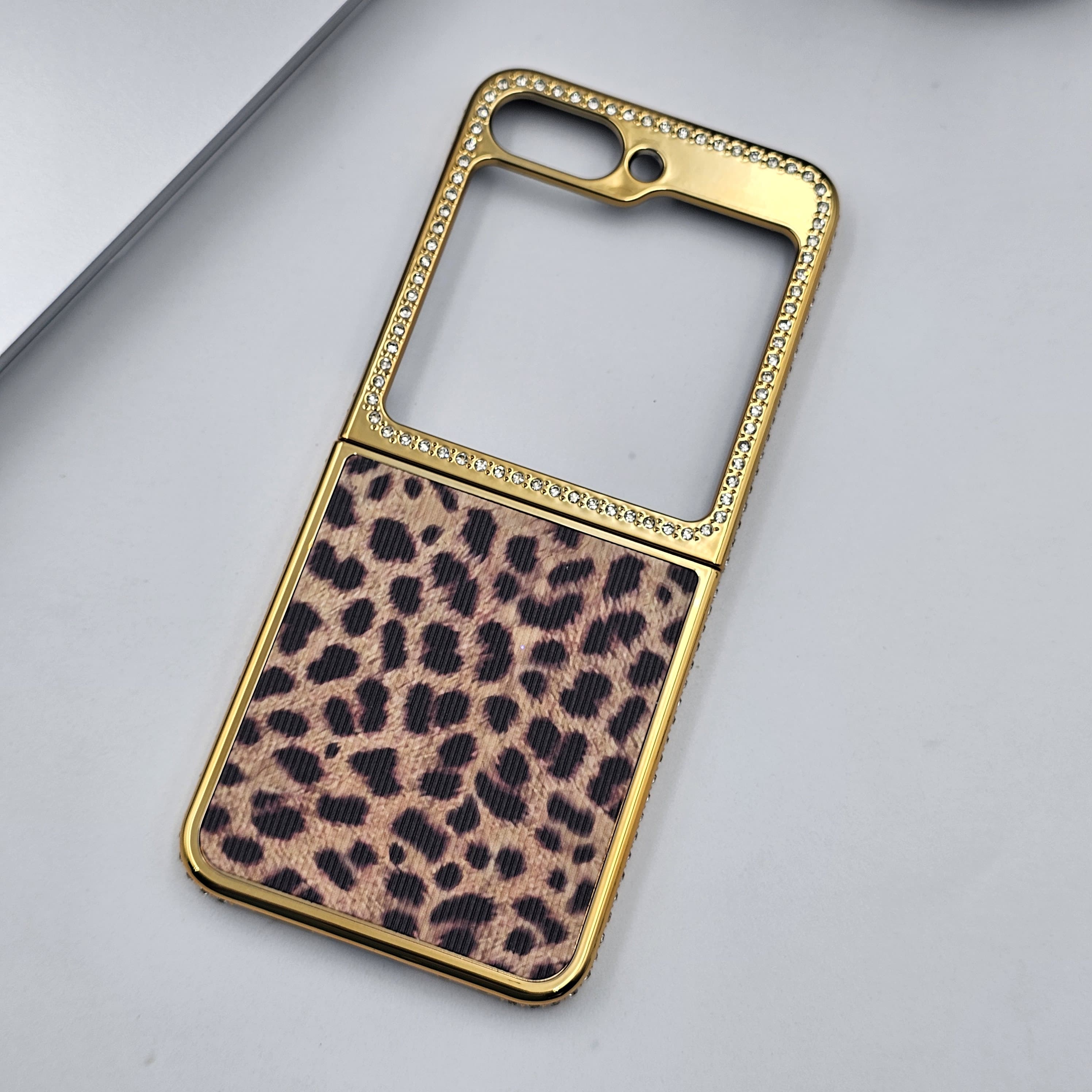 Luxury Leopard Print Case for Samsung Galaxy Z Flip 6 | Gold Plated with Side Diamonds | Designer Animal Print Cover