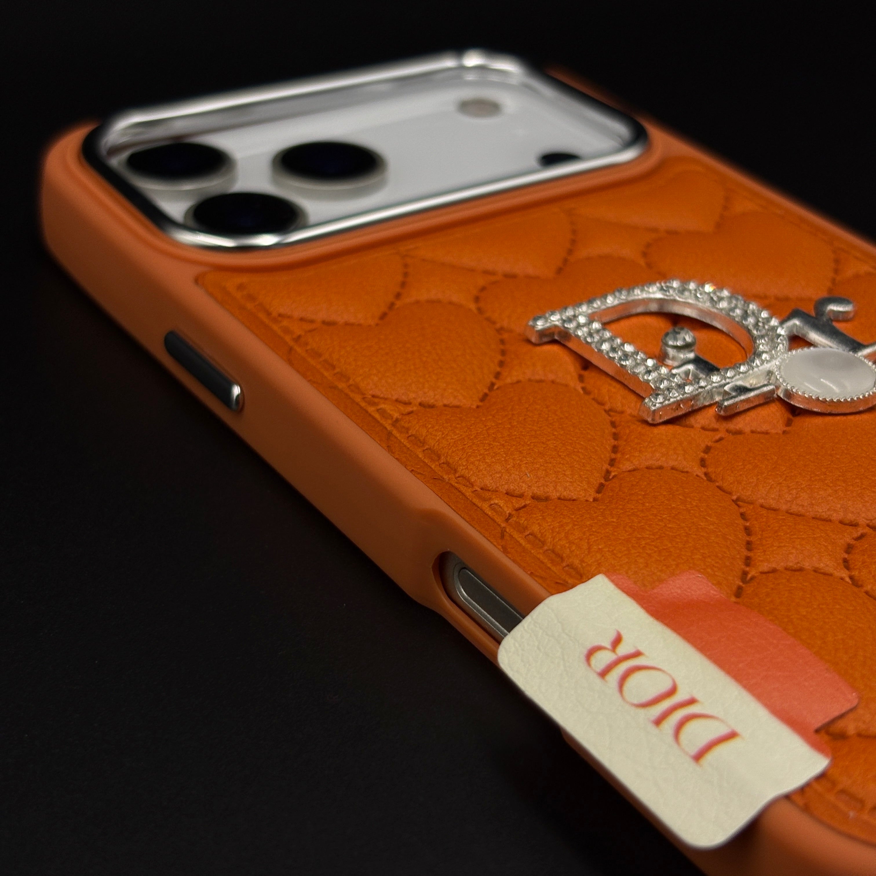 Luxury Heart Quilted Leather Case Cover for iPhone 17 Series – Orange | CD Pearl Diamond Edition