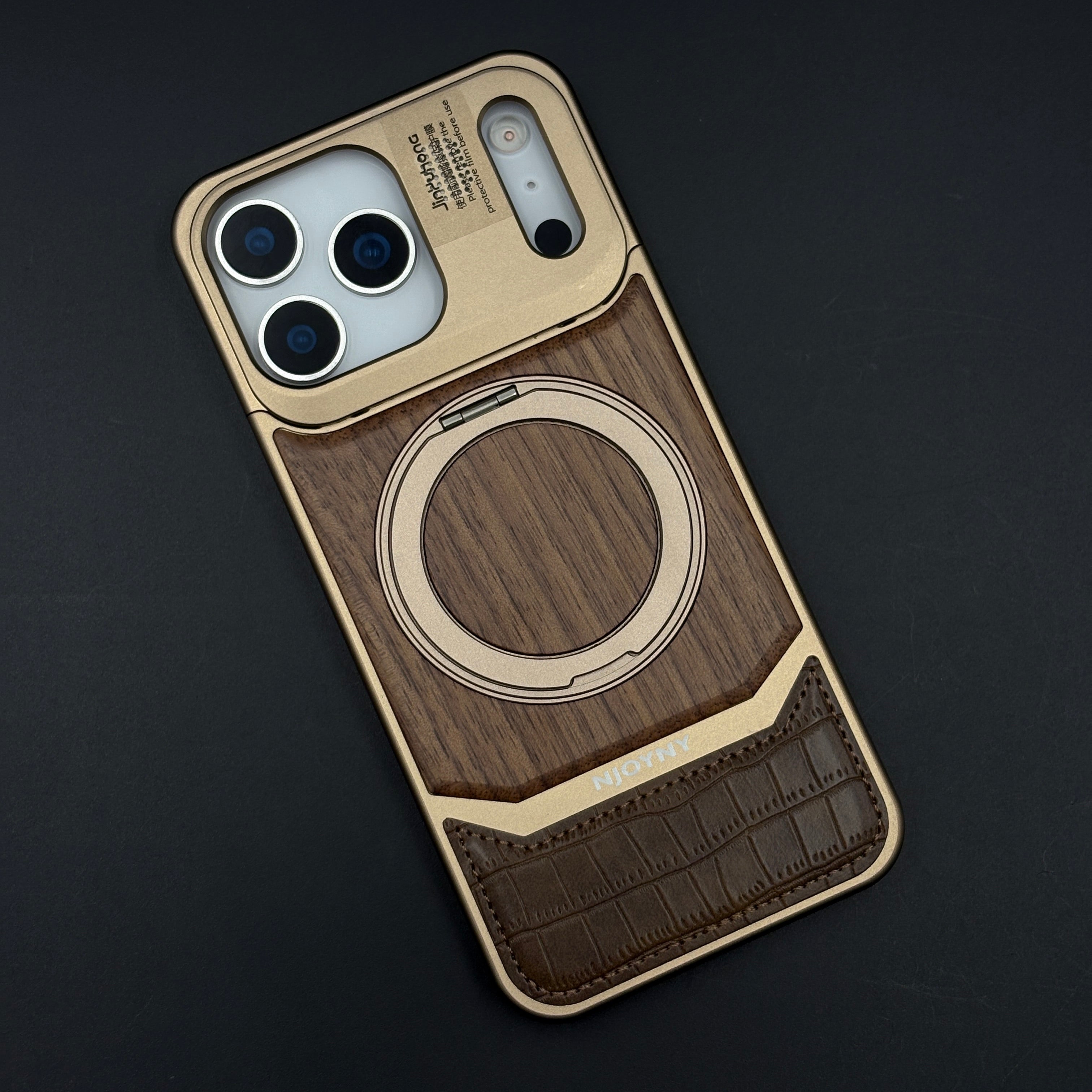 Croc & Wood Pattern Rotating MagSafe Phone Case Cover for iPhone 17 Series | Metal Stand