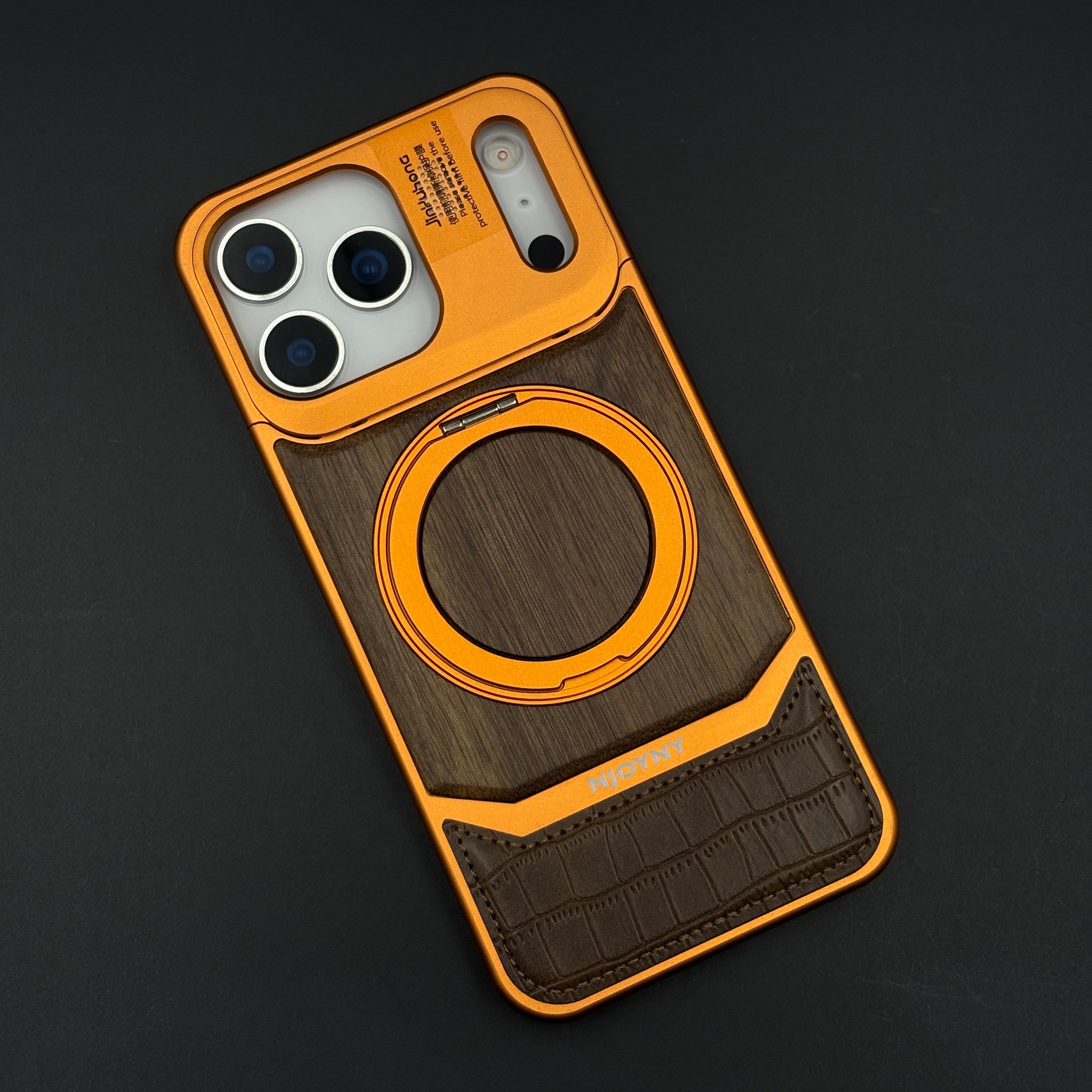 Croc & Wood Pattern Rotating MagSafe Phone Case Cover for iPhone 17 Series | Metal Stand