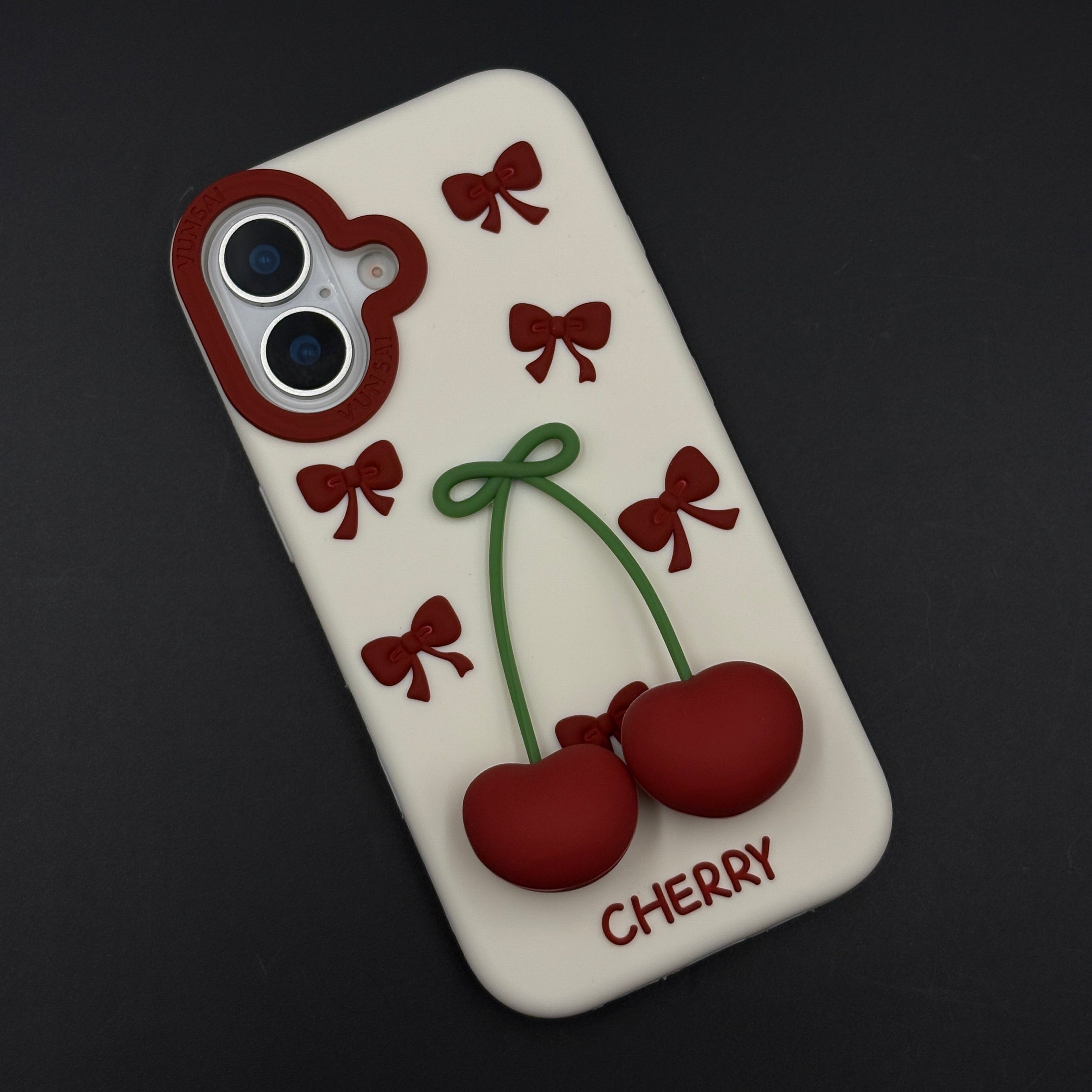 Silk Feel Cherry Silicone Phone Case Cover for iPhone 17 | 3D Fruit Pattern Soft Cover