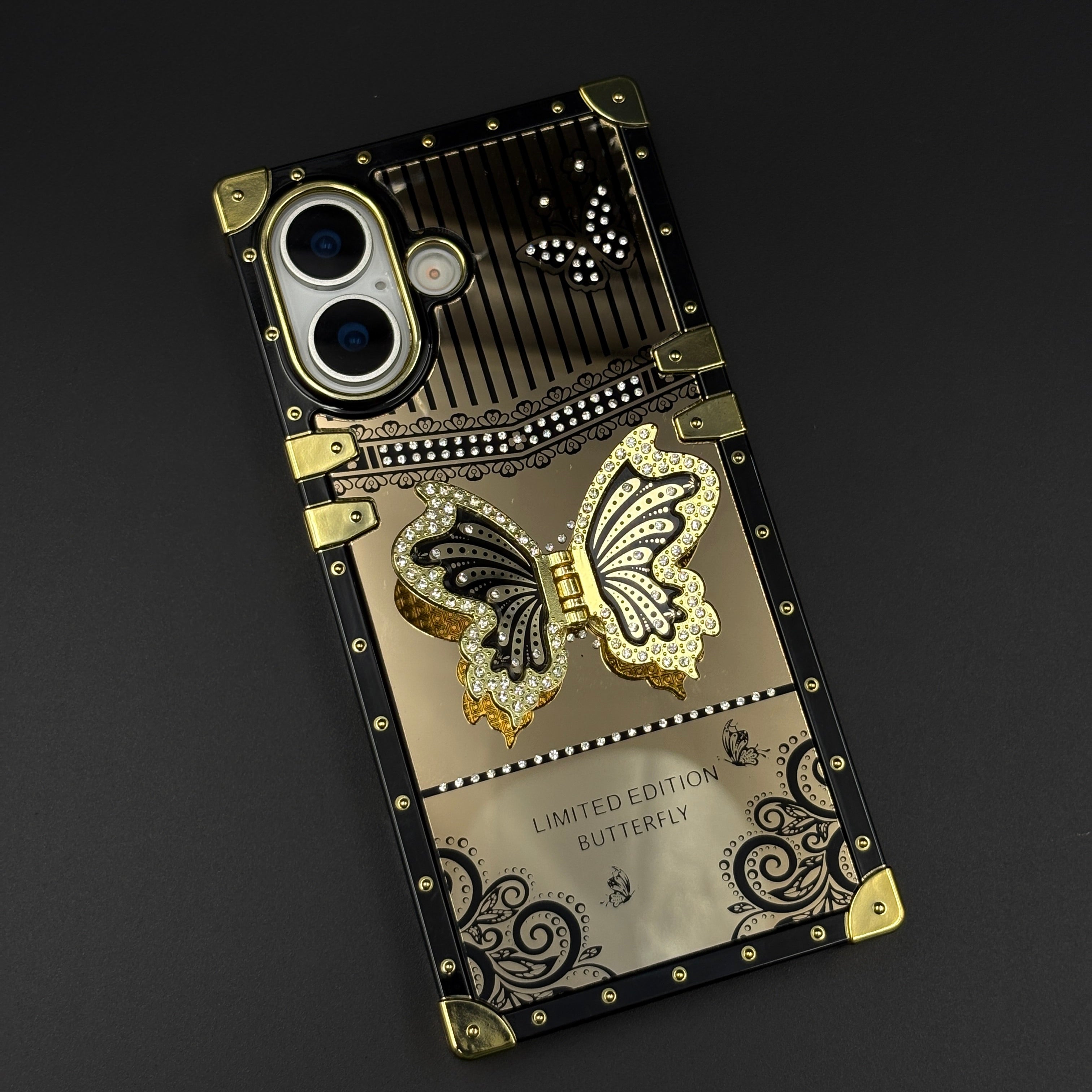 Luxury Butterfly Trunk Phone Case Cover for iPhone 17 | Gold Mirror Finish | Diamond Butterfly