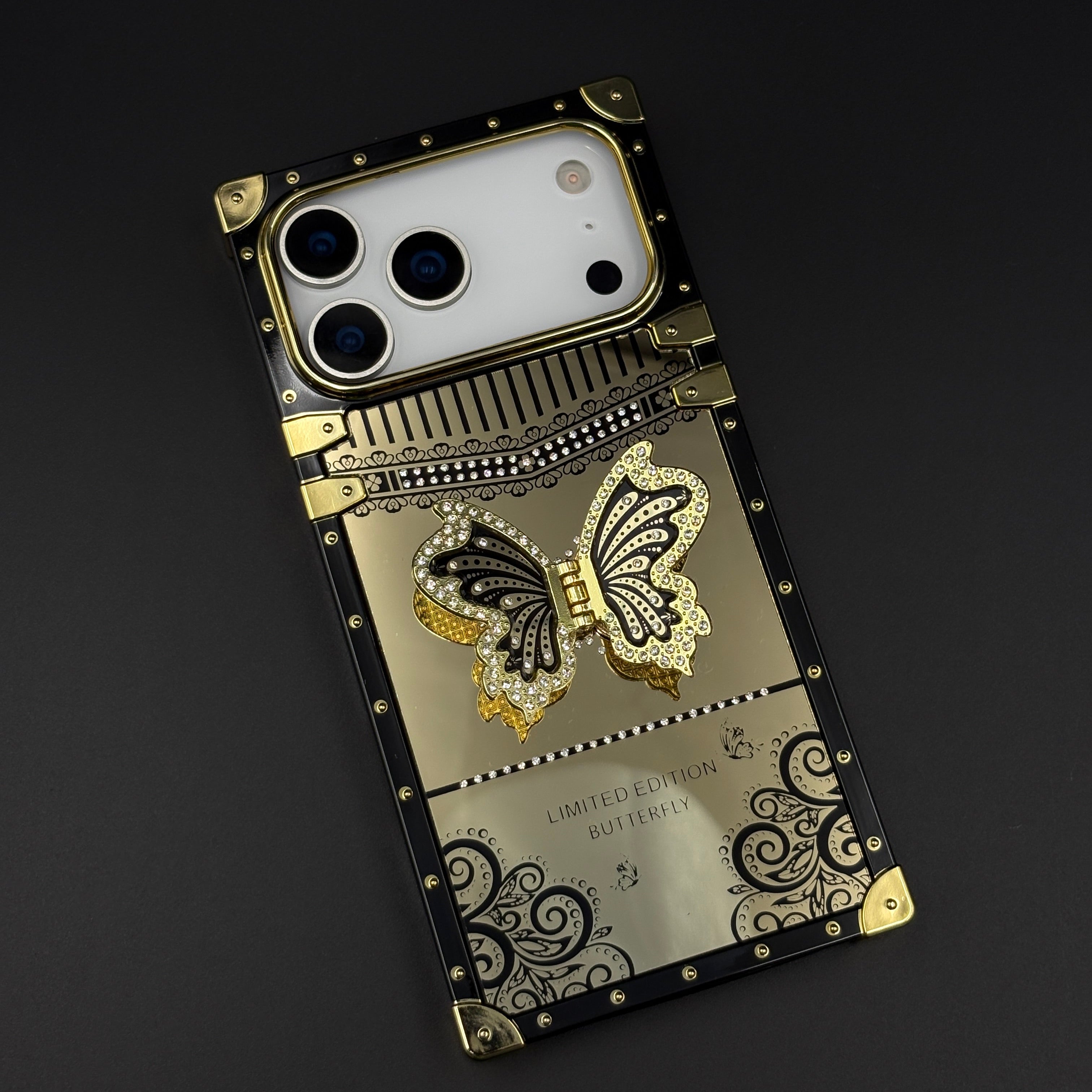 Luxury Butterfly Trunk Phone Case Cover for iPhone 17 Series | Gold Mirror Finish | Diamond Butterfly