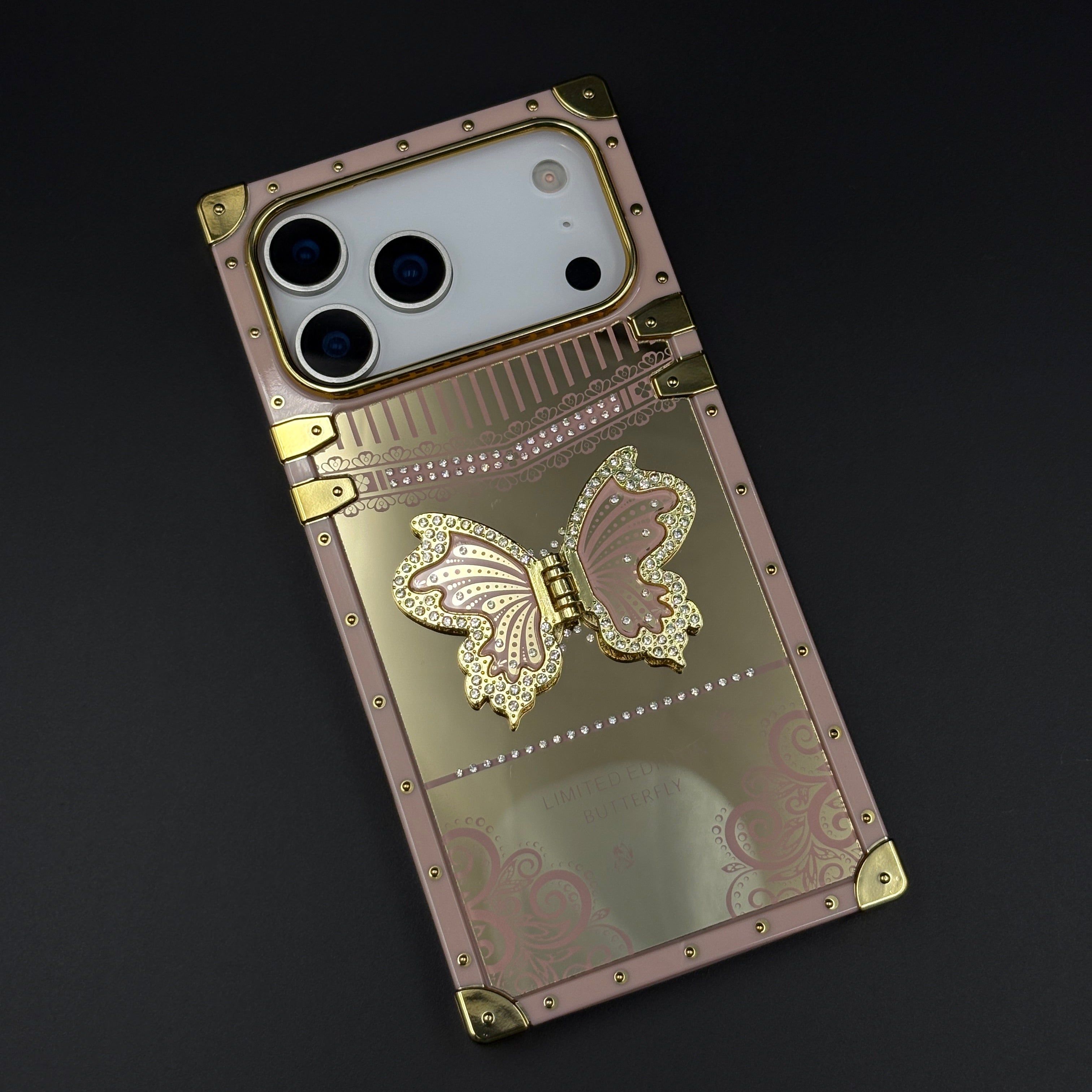 Luxury Butterfly Trunk Phone Case Cover for iPhone 17 Series | Gold Mirror Finish | Diamond Butterfly