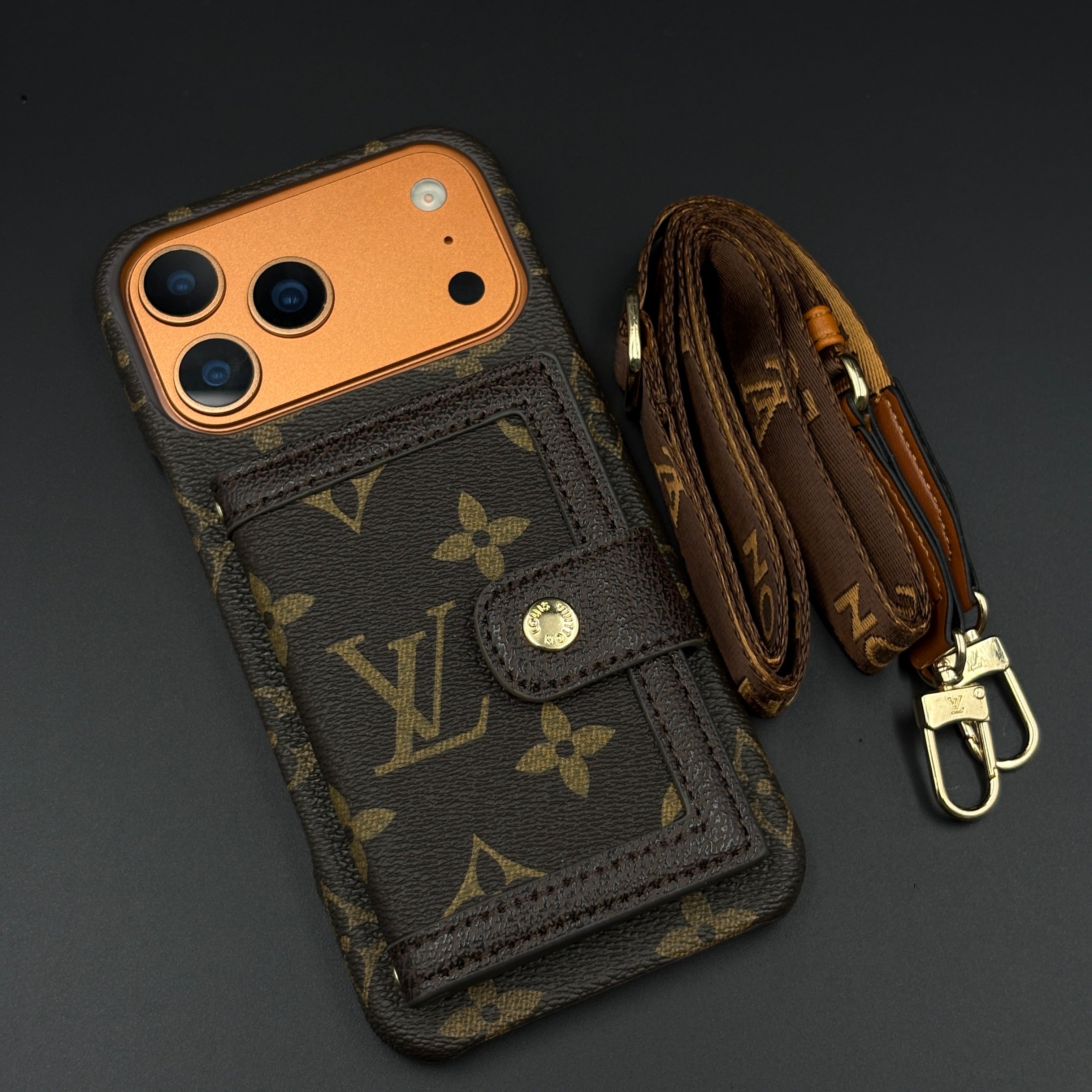 Luxury Brand Brown Wallet Case with Sling for iPhone 17 Series | Crossbody Strap | Card Holder