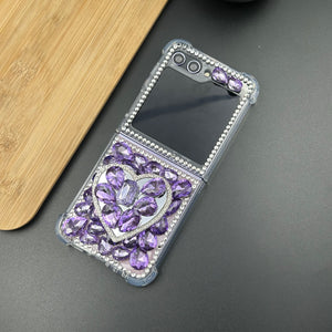 Samsung Galaxy Z Flip 5 Purple Heart Bling Glitter Diamond Holder Case Cover