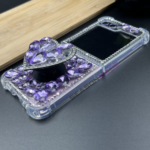 Samsung Galaxy Z Flip 5 Purple Heart Bling Glitter Diamond Holder Case Cover