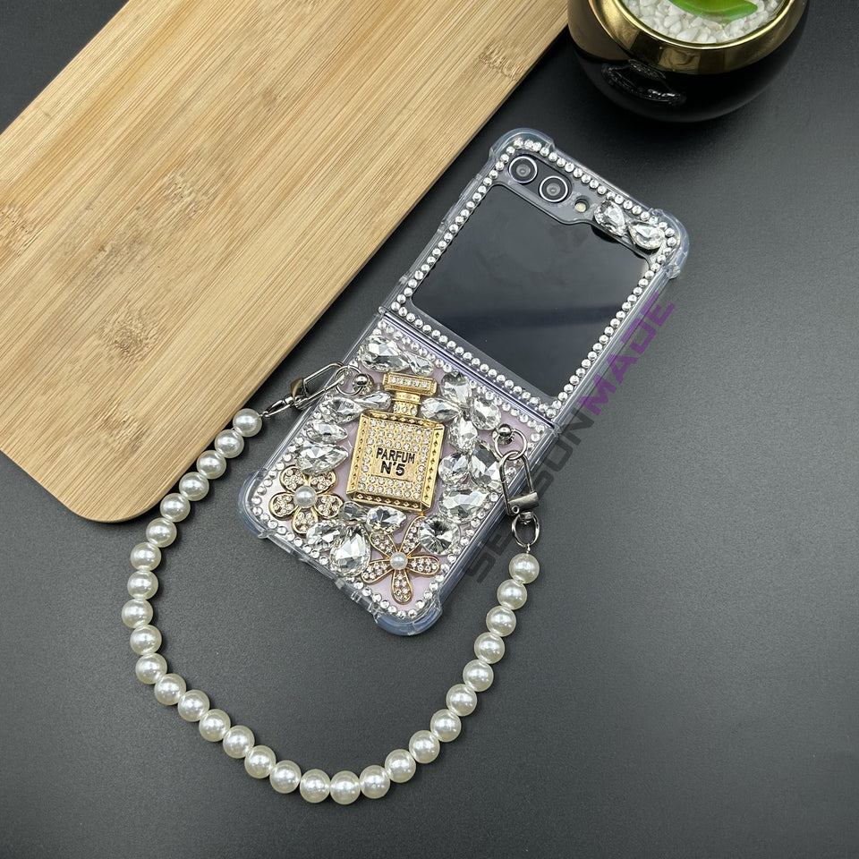 Samsung Galaxy Z Flip 5 Perfume Silver Floral Diamond With Pearl Holder