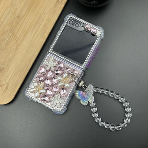 Samsung Galaxy Z Flip 5 Butterfly Rose Stone Floral Diamond Case With Pearl Holder