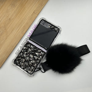 Samsung Galaxy Z Flip 5 Fancy Black Stone Diamond  With Fur Strap Case Cover