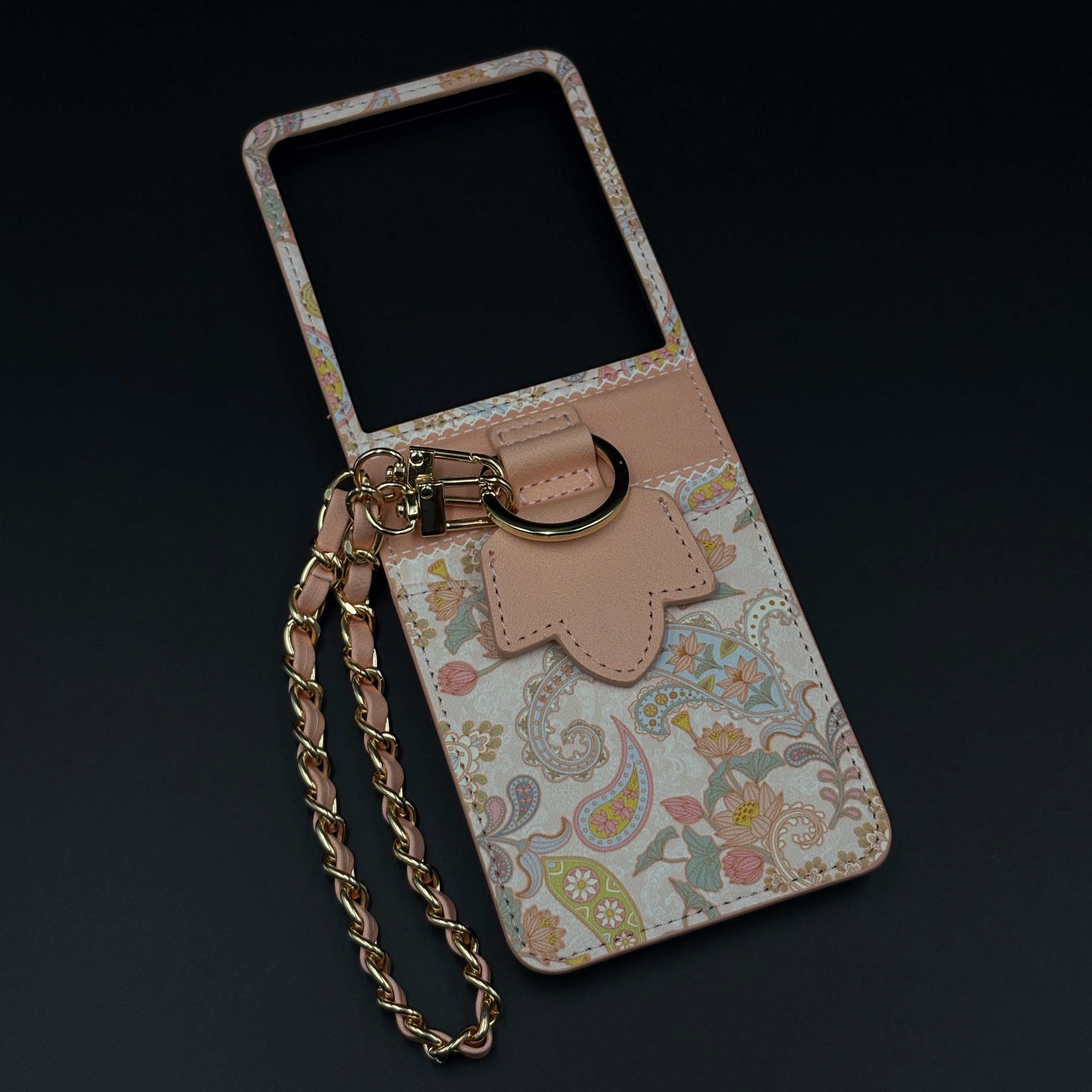 Indian Art Designer Phone Case Cover for Samsung Galaxy Z Flip 7 | Paisley Leather Cover with Chain Strap | Traditional Print