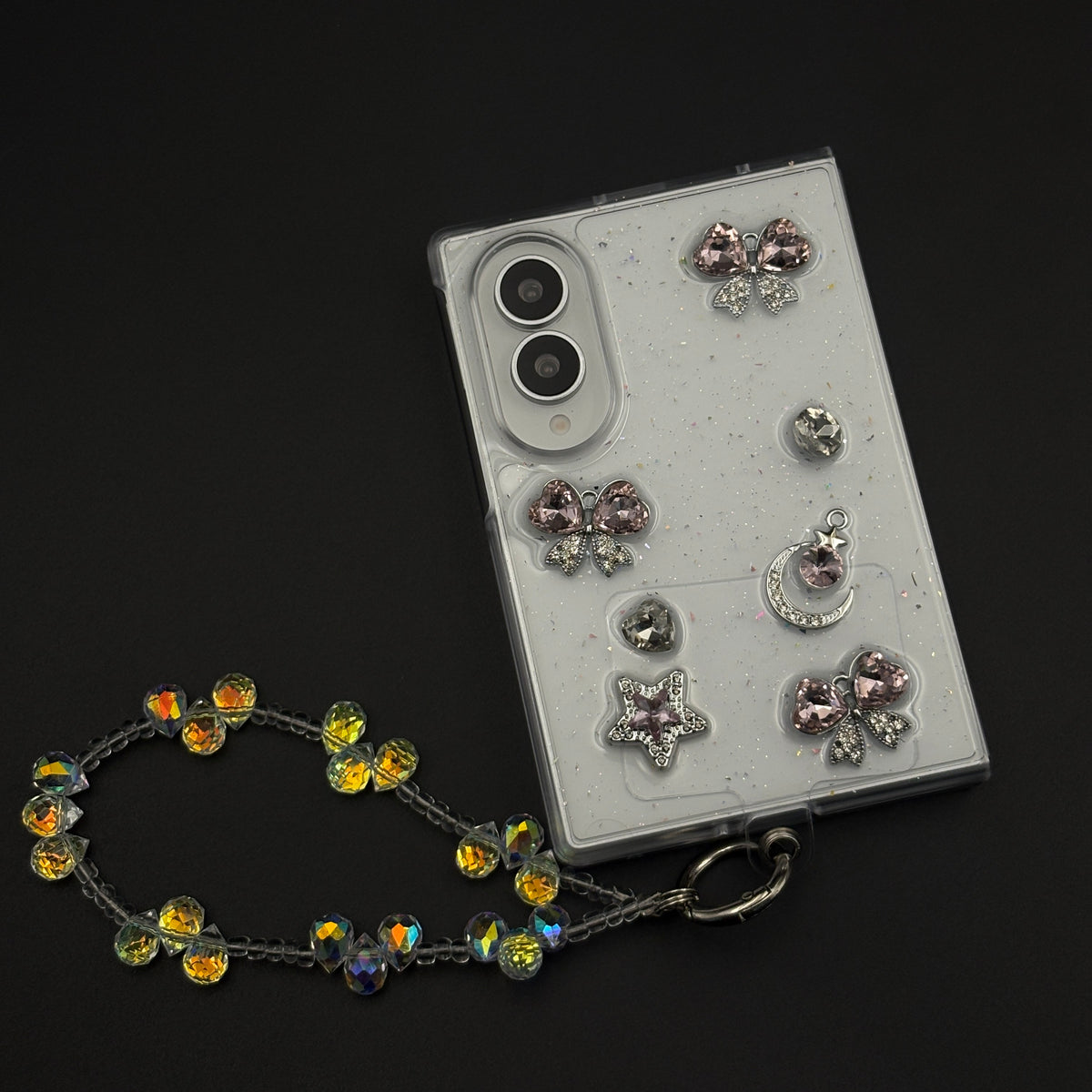 Crystal Bow Charm Clear Case with Beaded Wrist Strap for Samsung Galaxy Z Fold 8