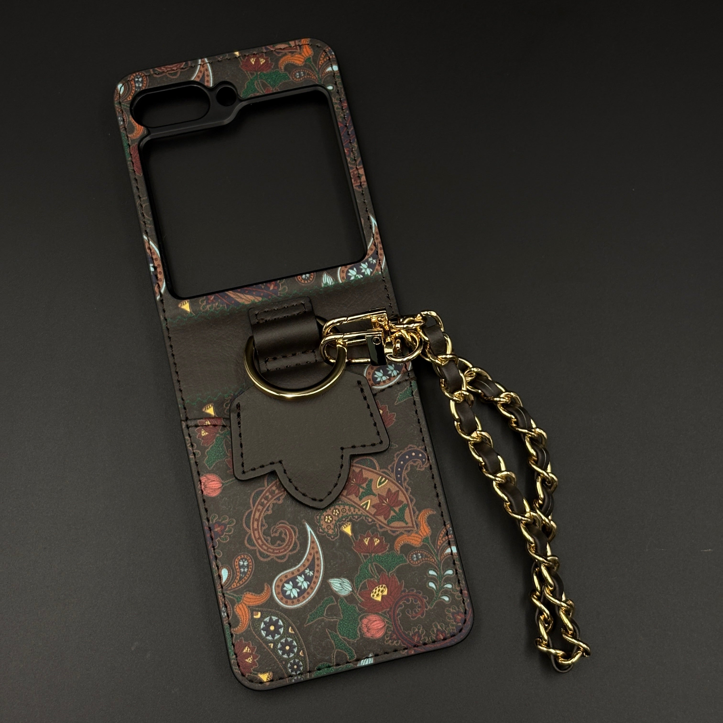 Indian Art Designer Phone Case Cover for Samsung Galaxy Z Flip 6 | Paisley Leather Cover with Chain Strap | Traditional Print