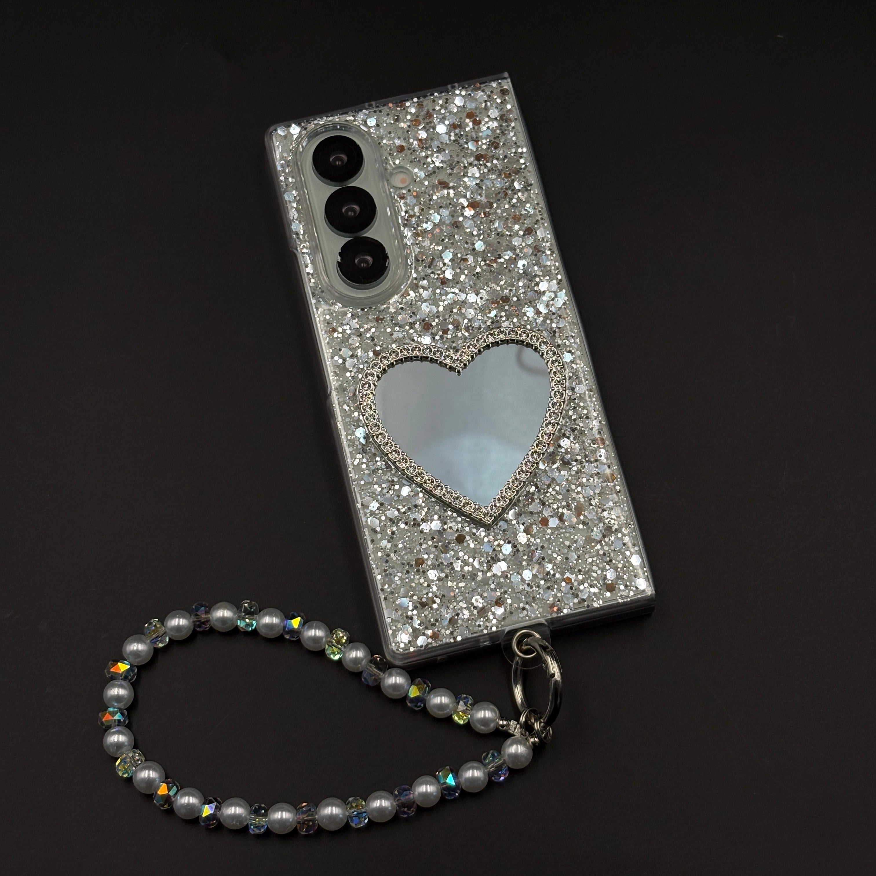 Sparkle Heart Mirror Rhinestone Case Cover with Pearl Strap for Samsung Galaxy Z Fold 7