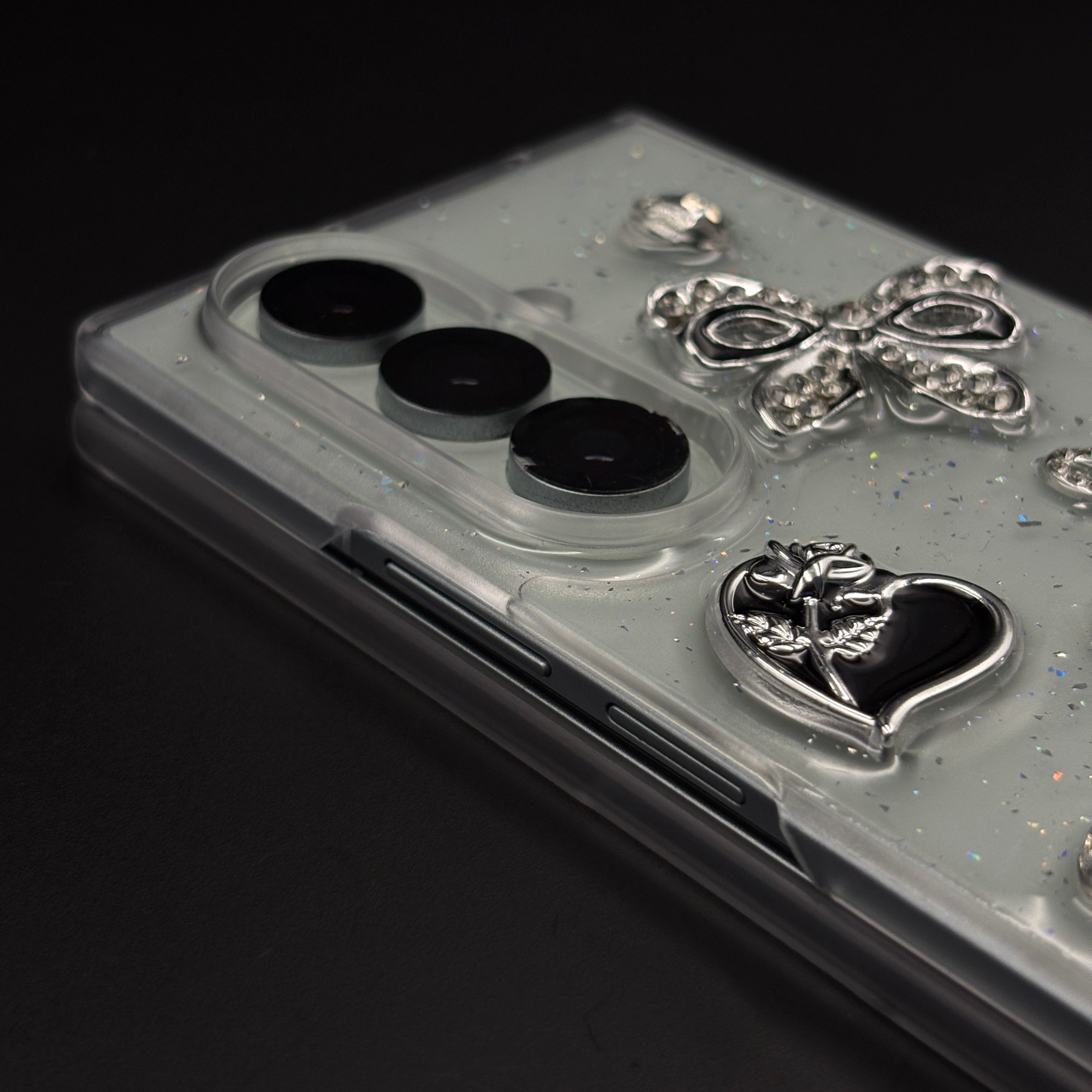 Silver Rhinestone Bow Charm Case with Beaded Strap for Samsung Galaxy Z Fold 7