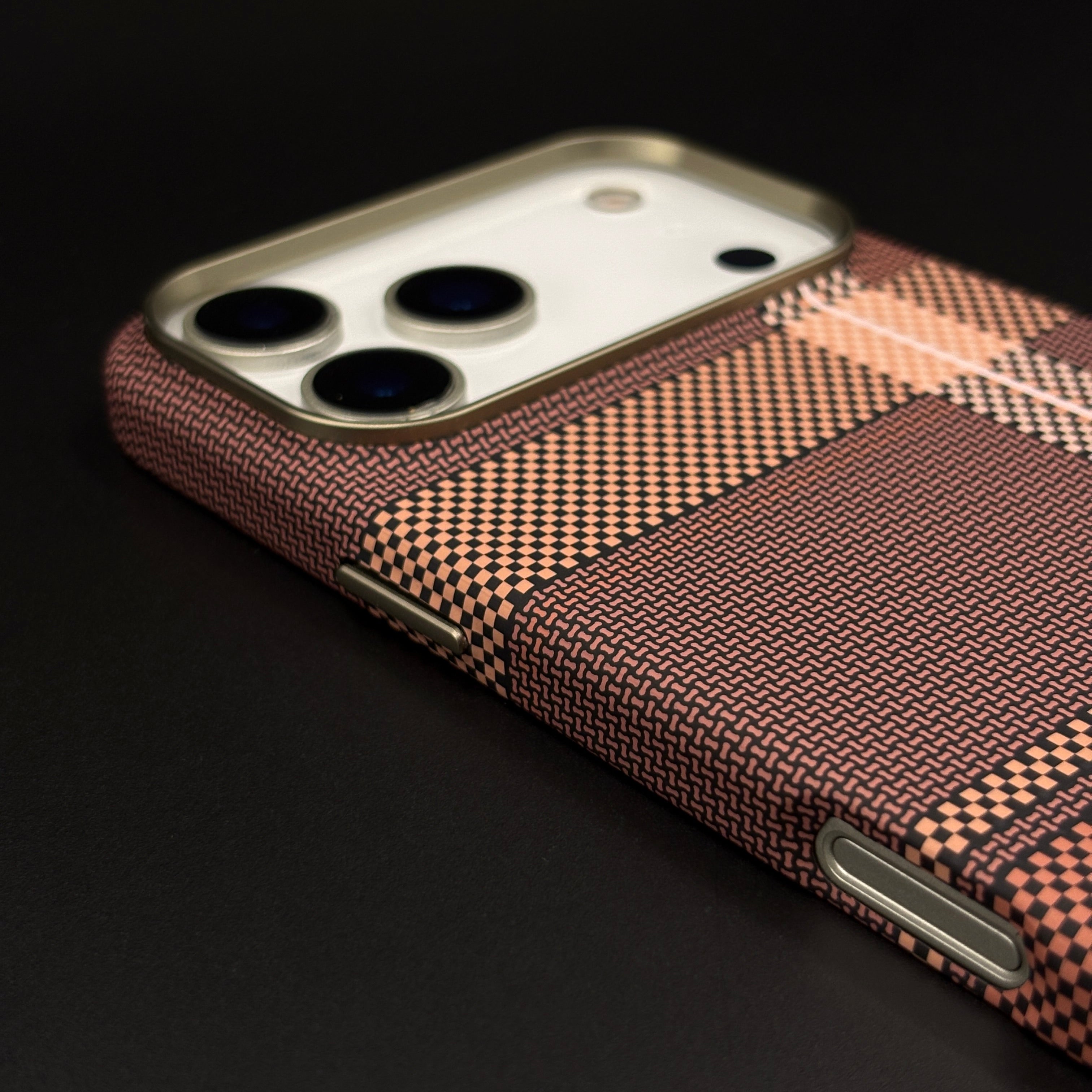 Brown Plaid Slim Mobile Case Cover for iPhone 17 Series | Rare Aramid Texture Finish | Real Carbon Fibre Feel | Hidden MagSafe