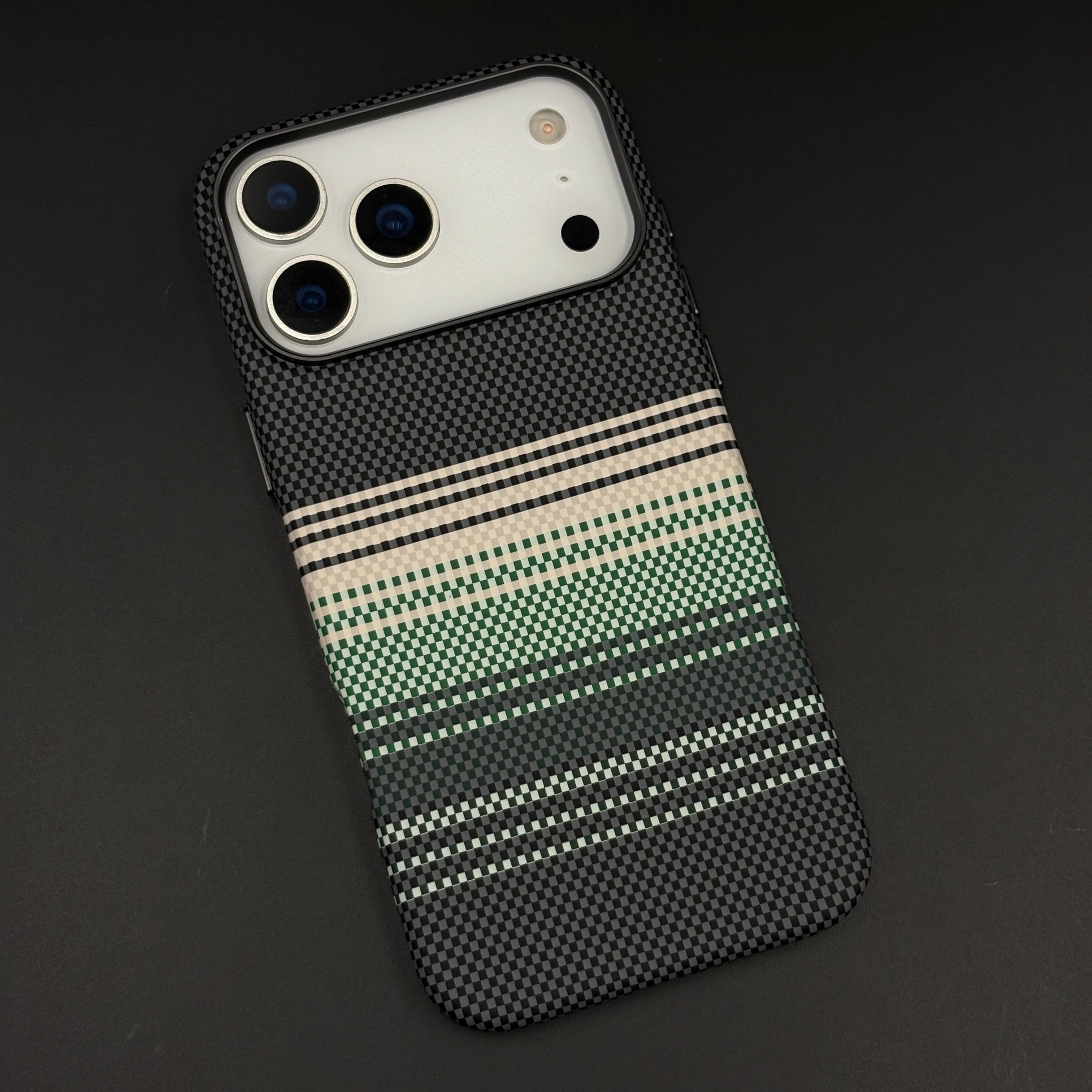 Green White Striped Premium Mobile Case Cover for iPhone 17 Series | Rare Aramid Texture Finish | Real Carbon Fibre Feel | Hidden MagSafe