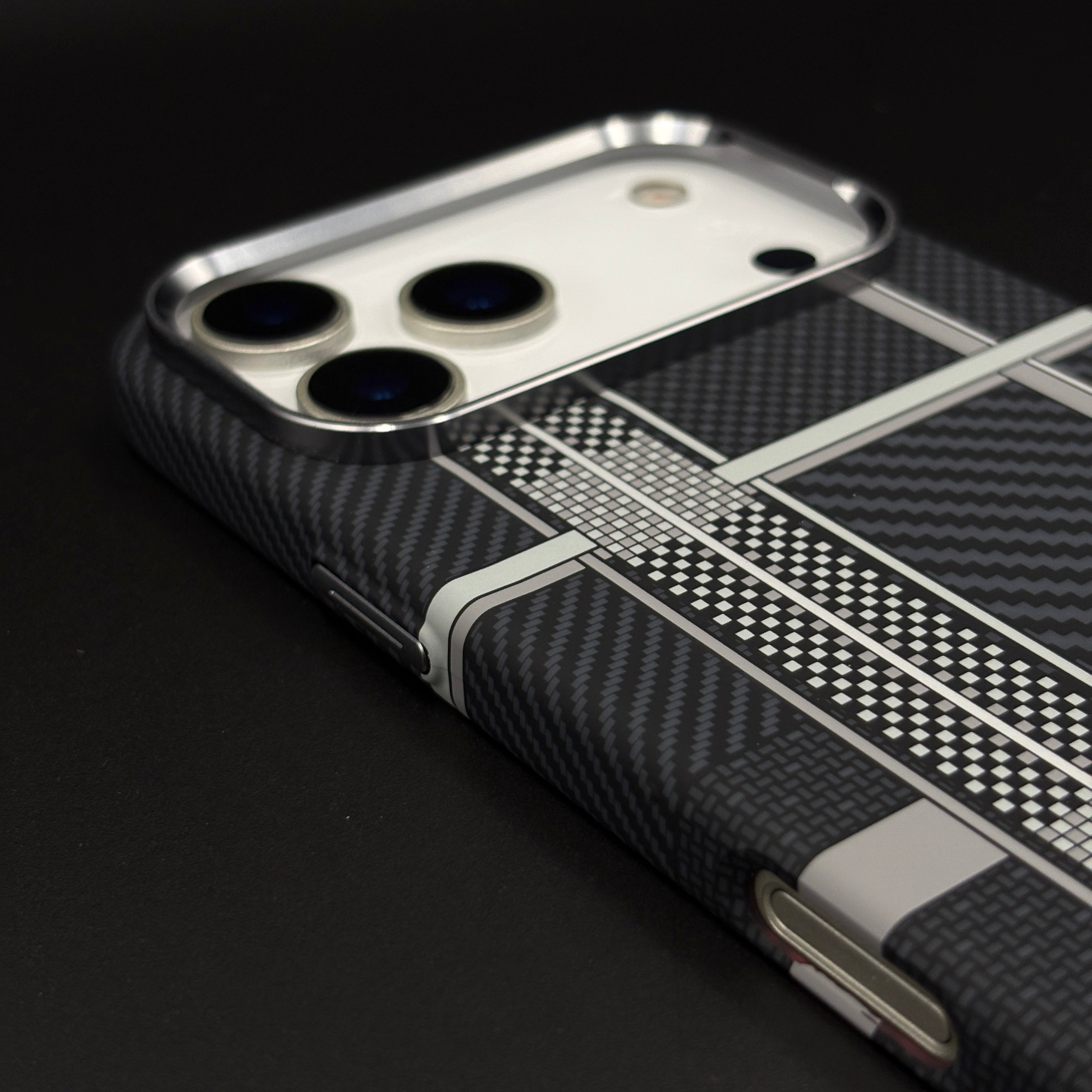 Striped White Slim Mobile Case Cover for iPhone 17 Series | Rare Aramid Texture Finish | Real Carbon Fibre Feel | Hidden MagSafe