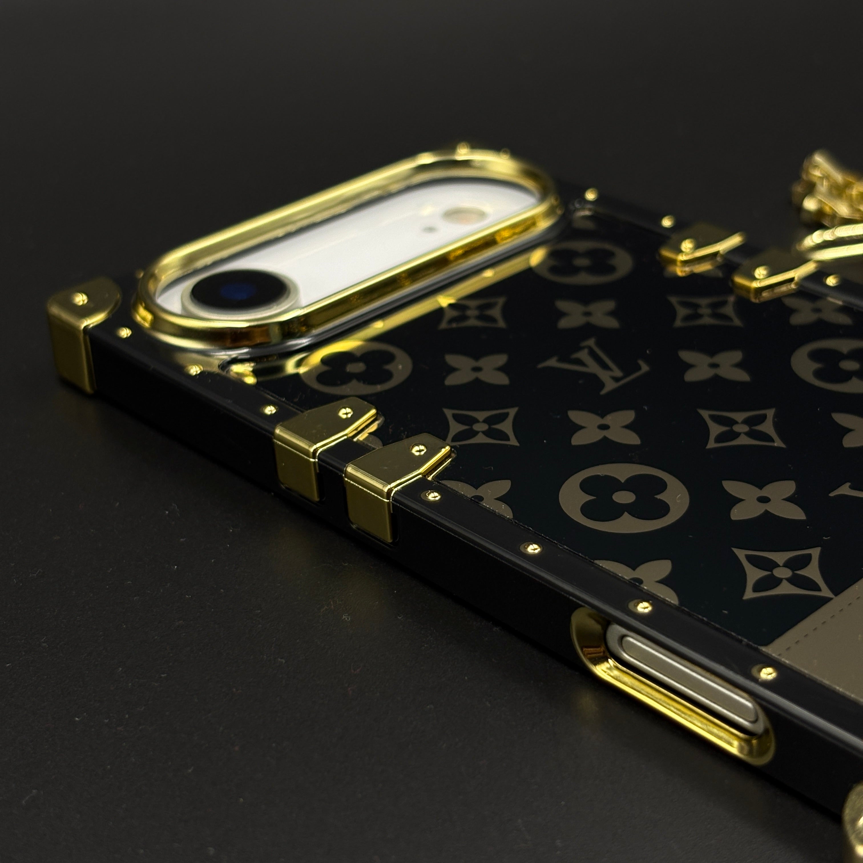 Luxury Trunk Phone Case Cover with Chain for iPhone 17 Air | Designer Metal Frame | Gold Monogram