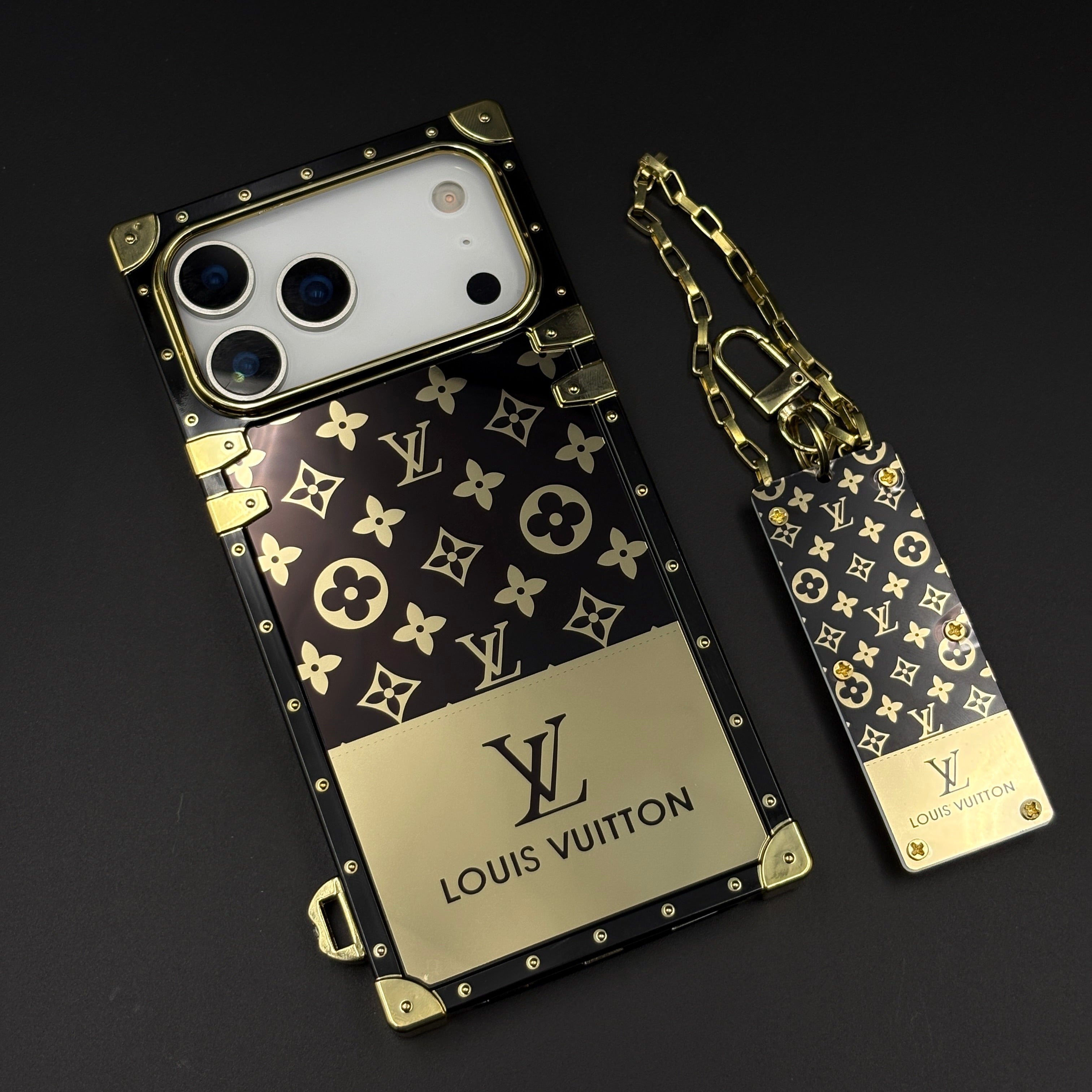 Luxury Trunk Phone Case Cover with Chain for iPhone 17 Series | Designer Metal Frame | Gold Monogram