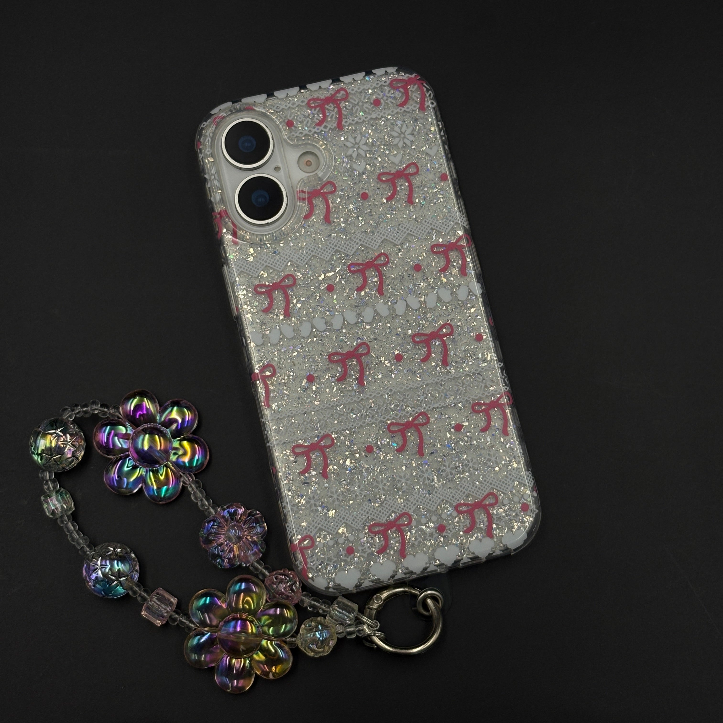 Cherry Bow Glitter Sparkle Mobile Case Cover with Pearl Strap Holder for iPhone 17