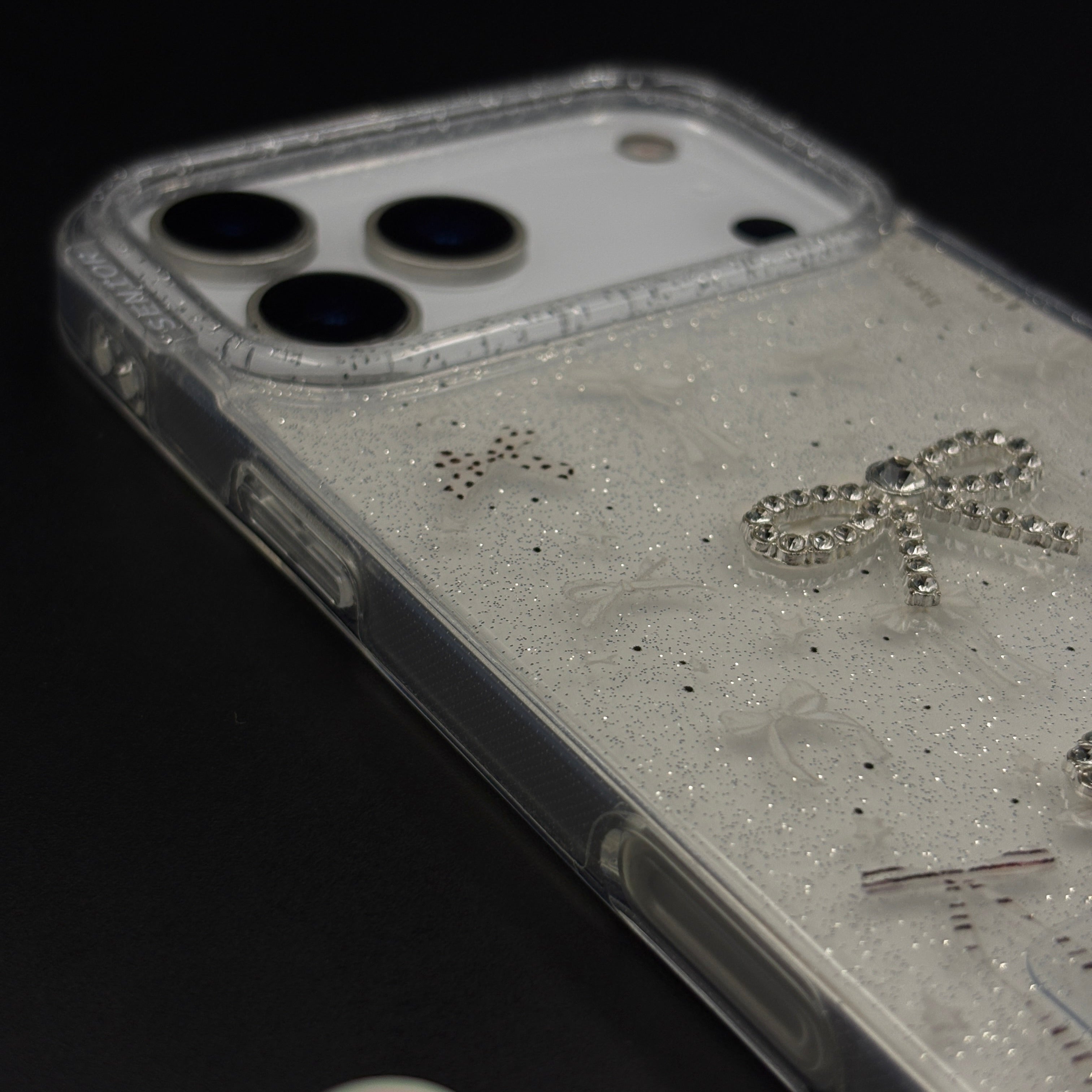 Silver Bow Sparkle Glitter Mobile Case Cover with Pearl Strap Holder for iPhone 17 Series