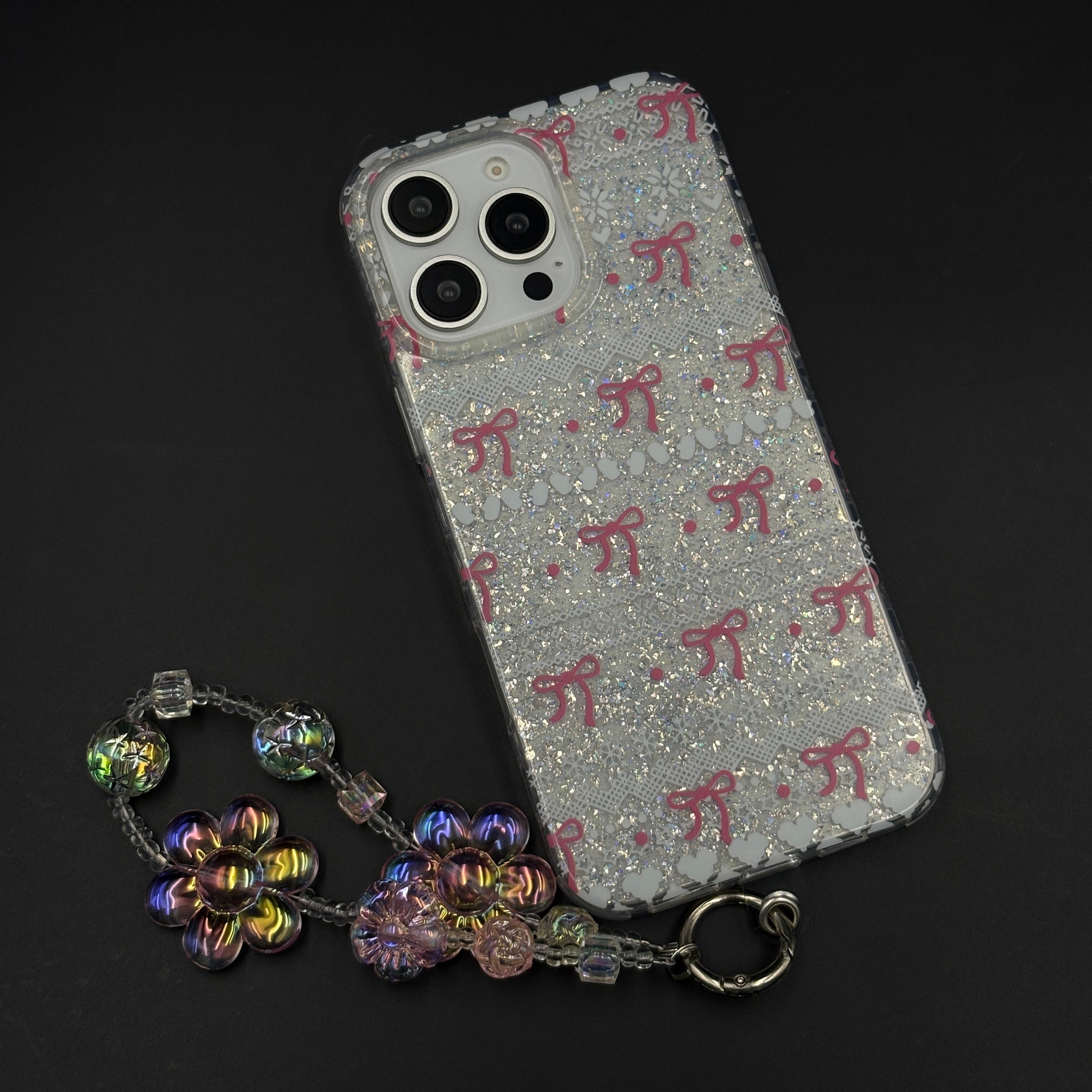 Cherry Bow Glitter Sparkle Mobile Case Cover with Pearl Strap Holder for iPhone