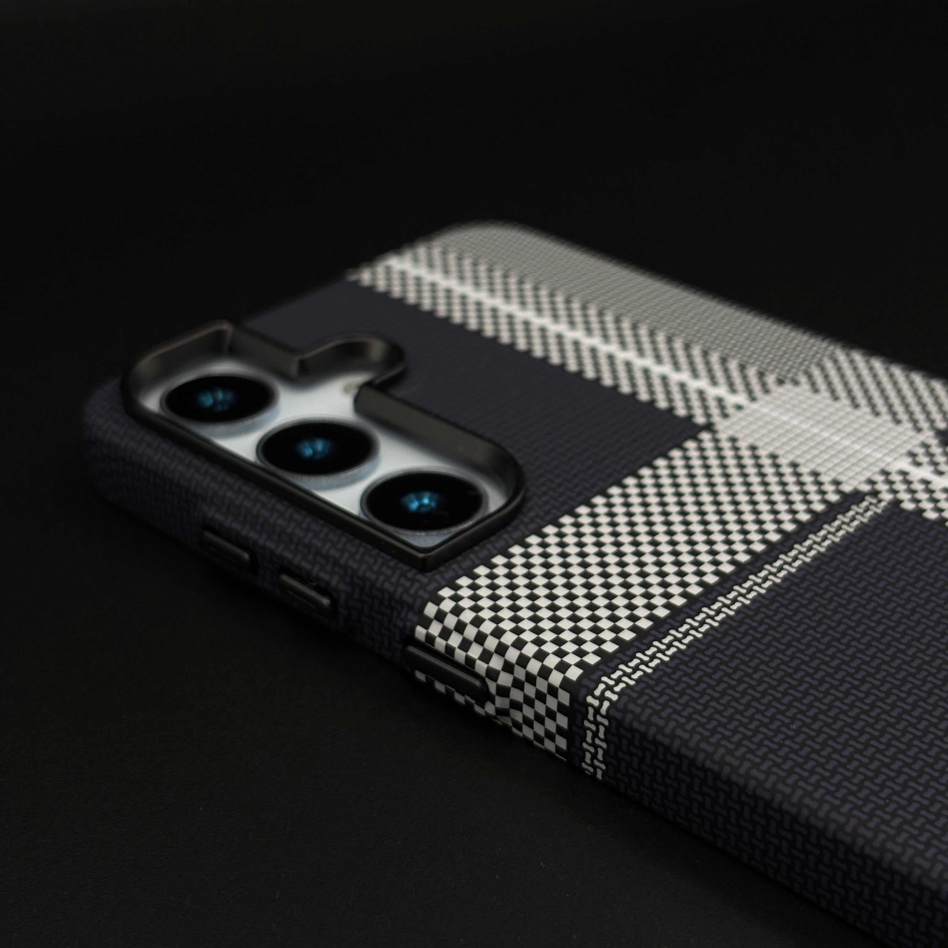 Ivory Plaid Black Phone Case Cover for Samsung Galaxy S24 | S25 | Rare Aramid Texture Finish | Real Carbon Fibre Feel | Hidden MagSafe